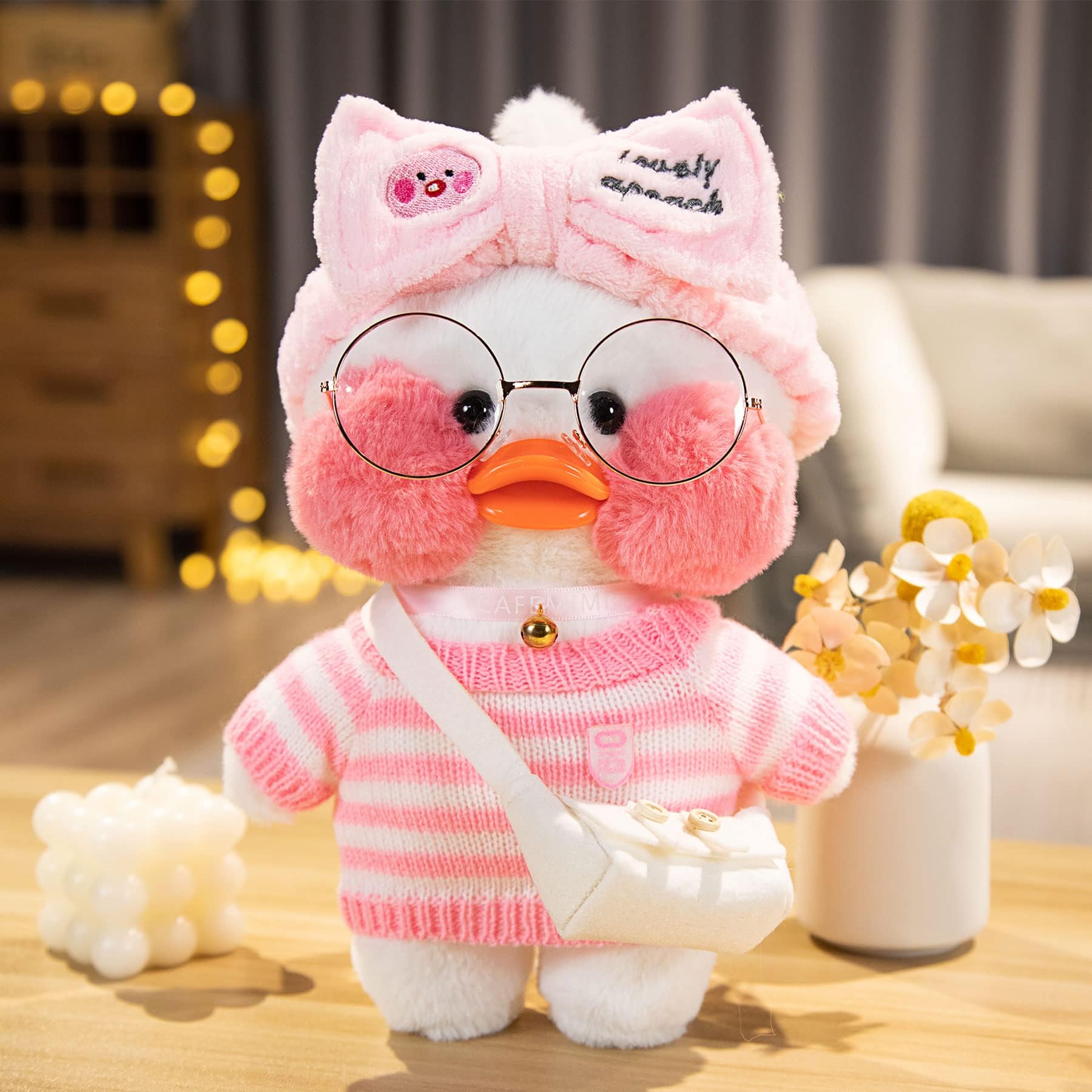LALAFANFAN Duck Plush Toy, Kawaii Duck Plush with 4 Accessories, Cute White Duck Stuffed Animals with Glasses & Outfits, 3-12 Year Old Girl Birthday Gift Ideas