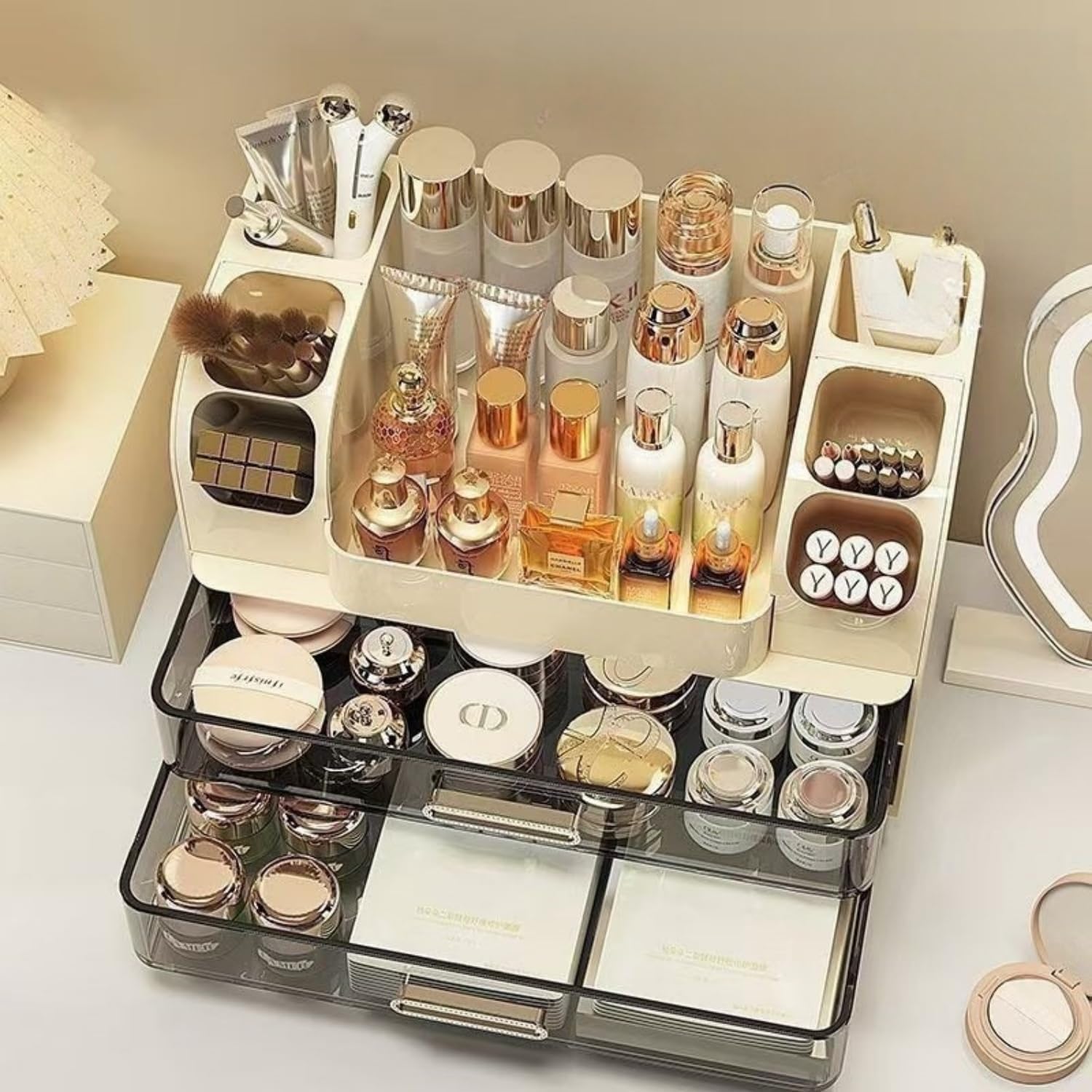 Large Makeup Organizer for Vanity - Perfume Cosmetic Display Cases | Skincare Organizers with 2 Drawers for Bathroom Dresser Desk, Easy to Store Brush Eyeshadow Lipstick Beauty Supplies, Cream