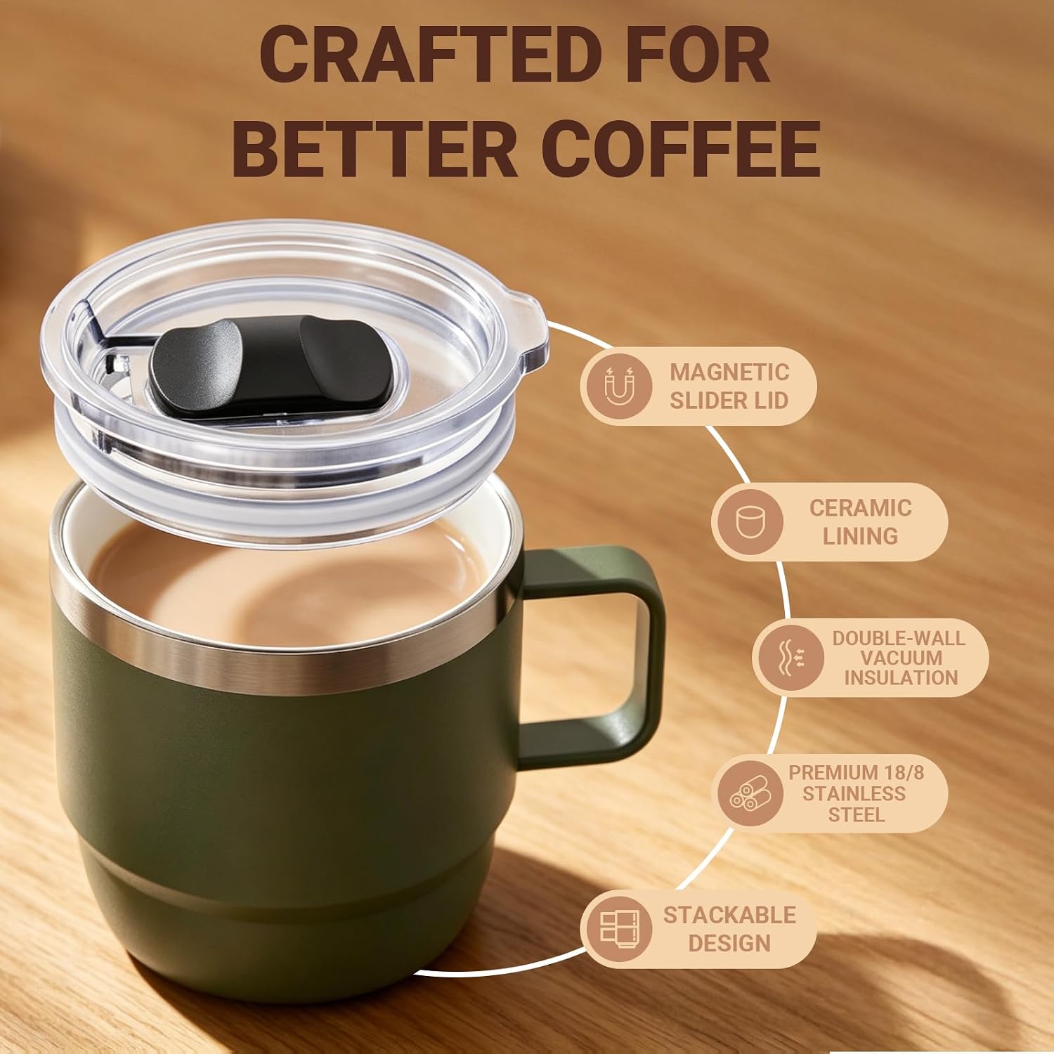 Zenbo 8 oz Small Coffee Mug with Magnetic Sliding Lid & Handle, Stackable image 3
