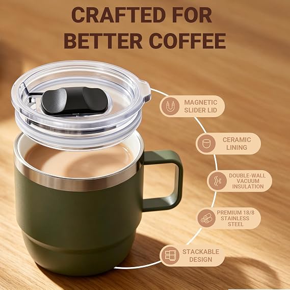 Zenbo 8 oz Small Coffee Mug with Magnetic Sliding Lid & Handle, Stackable