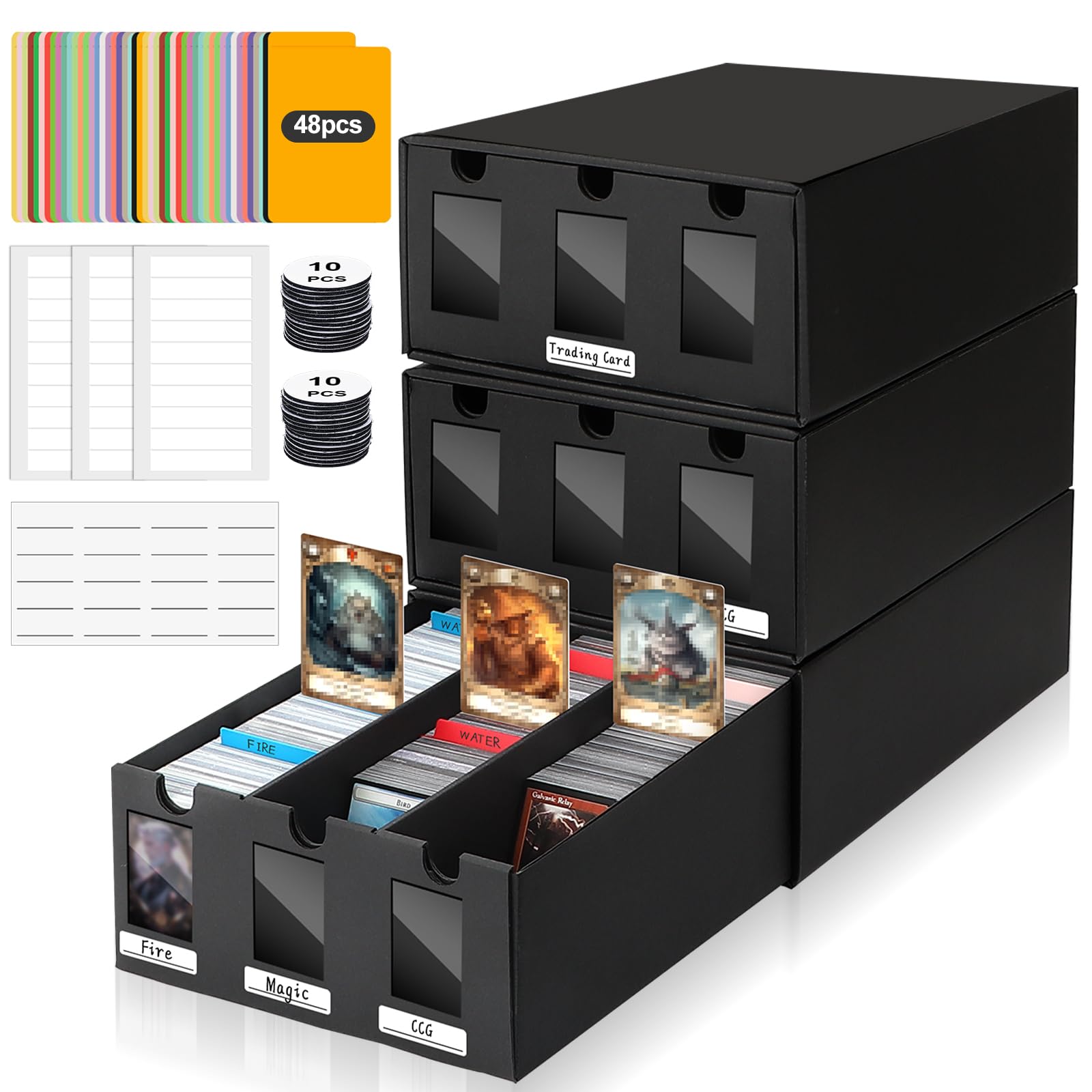 HIMOMO Sammelkarten Box für 9000+ Trading Card, Karten Aufbewahrungsbox mit 48 Kartenteiler, Doppelseitiges Tape und Etiketten, Sammelkarten Aufbewahrungsbox für TCG, MTG, PTCG, Sports Karten