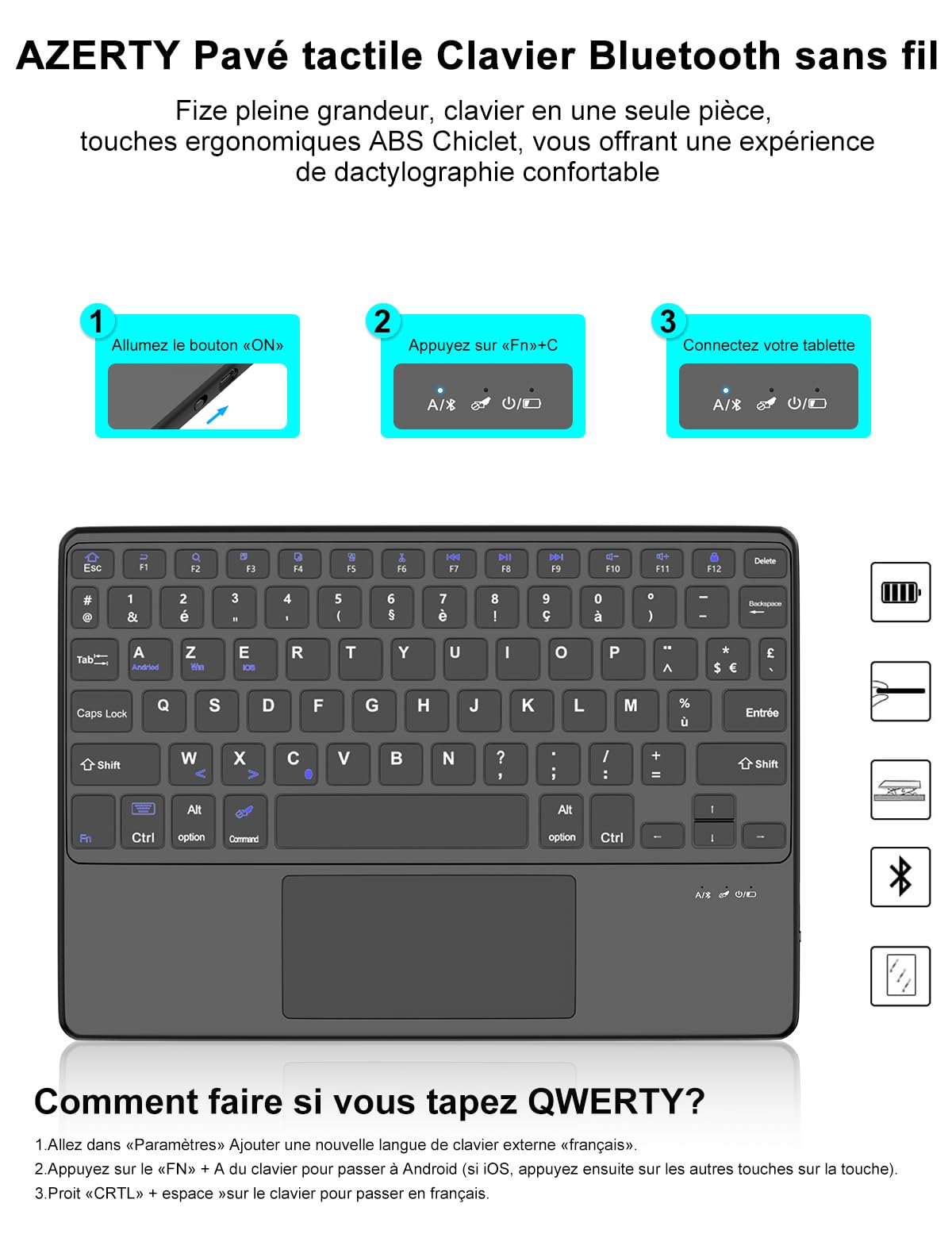 FOGARI Panel dotykowy Klawiatura Bluetooth Tablet 10", AZERTY Francuska Klawiatura
