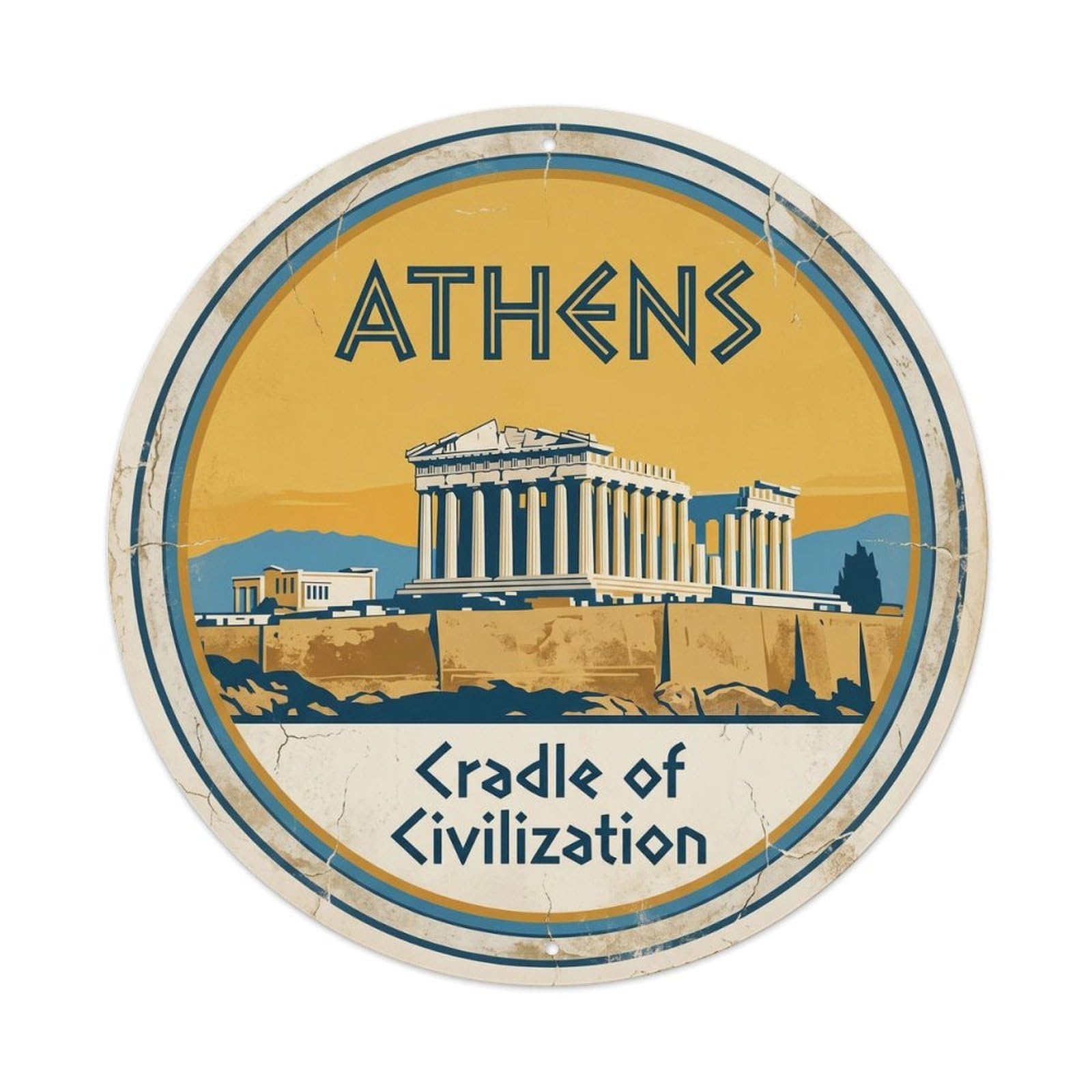 Vintage Travel Acropolis Athens Greece Metal Tin Sign Plaque Wall Decor for Cafe, Club, Garden Round Metal Poster 8x8Inch