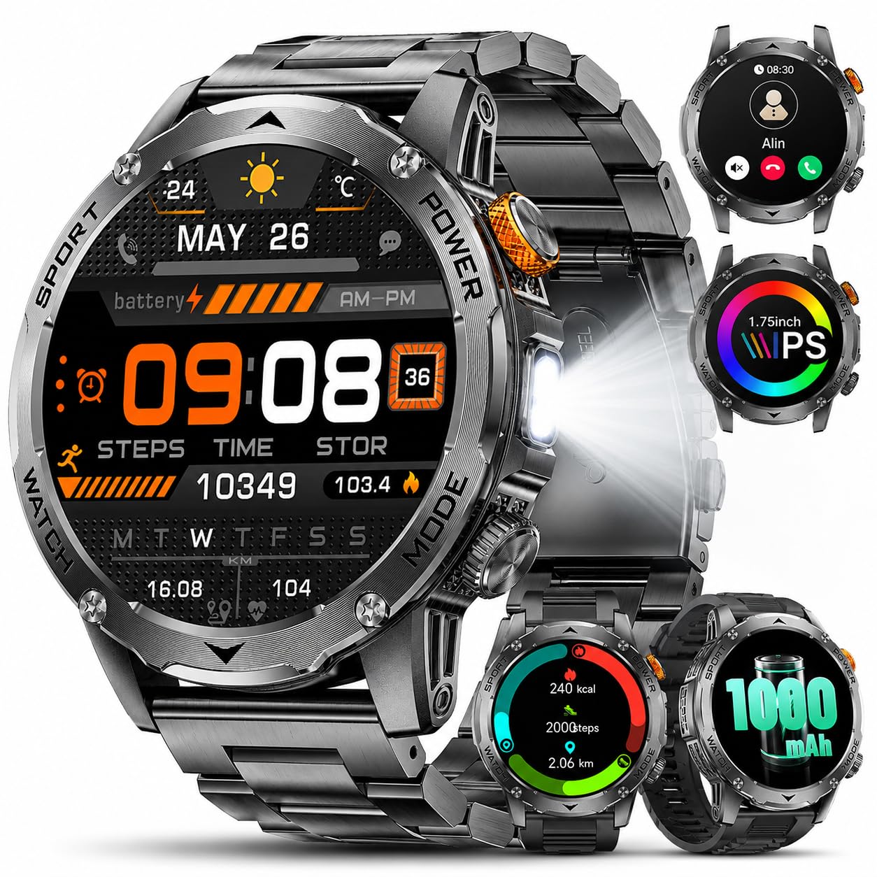 Reloj Inteligente Hombre,1000mAh,3 Correas,1.75" HD Smartwatch Hombre Militar con Llamadas LED Linterna 5ATM Impermeable 120+ Modos Deportivos Podómetro Pulsera Actividad Android iOS Negro