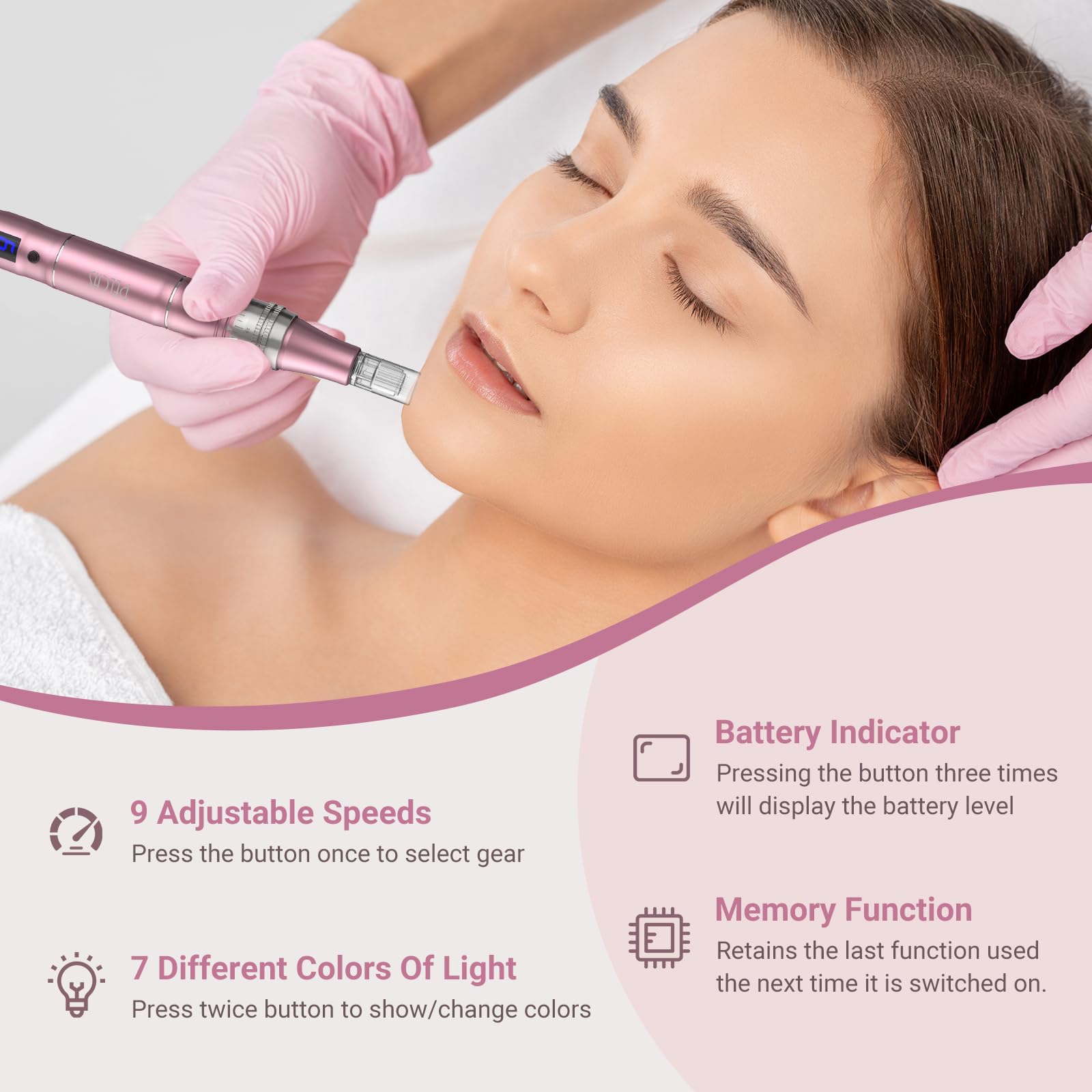 PELCAS Derma Pen mit 7 Farben Licht Tragbarer Elektrischer Mikrodeedling Pen mit 9 Geschwindigkeiten und 12 Patronen LCD Anzeige Mikronadel Schönheit Pen Rosa