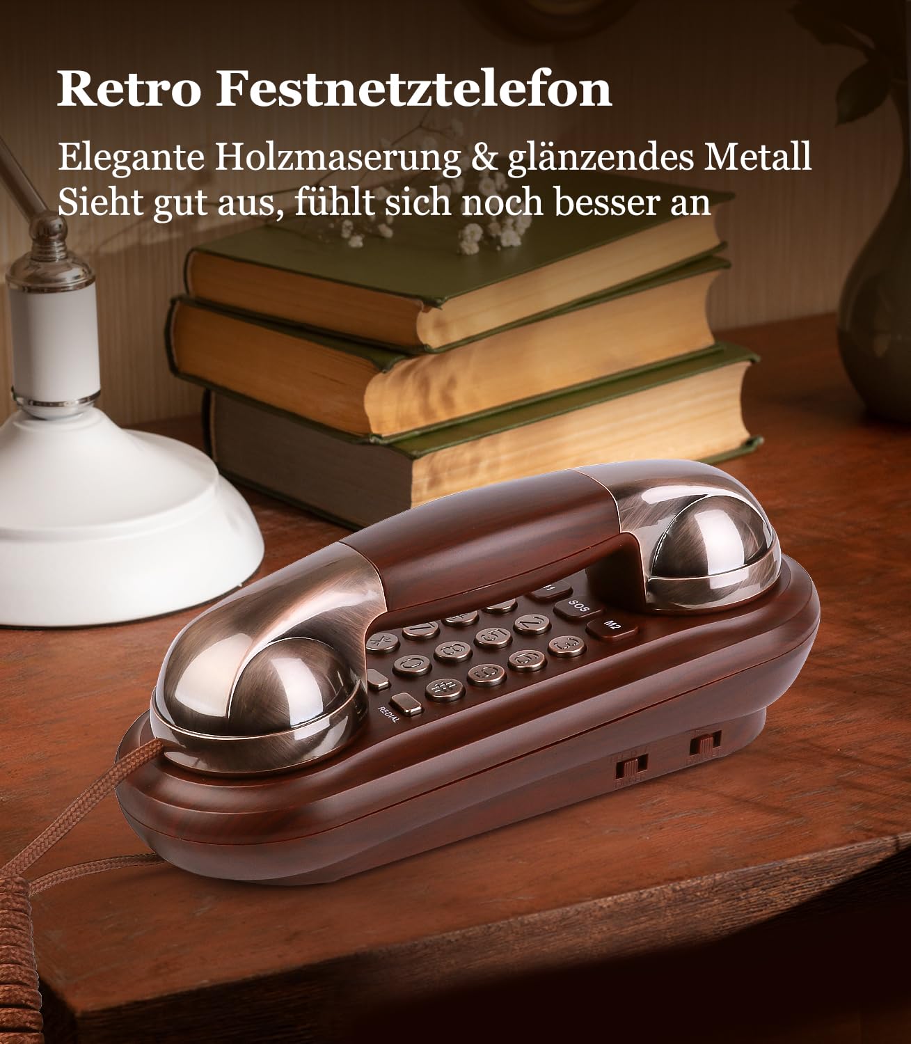 Retro Telefon Wandtelefon mit Metallklingel Vintage Schnurtelefon, Analog, Lautstärkeregler, Nostalgie Telefon, altes Telefon mit EIN-Tasten-Wahl Ideal für Zuhause, Küche, Büro, Haustelefon