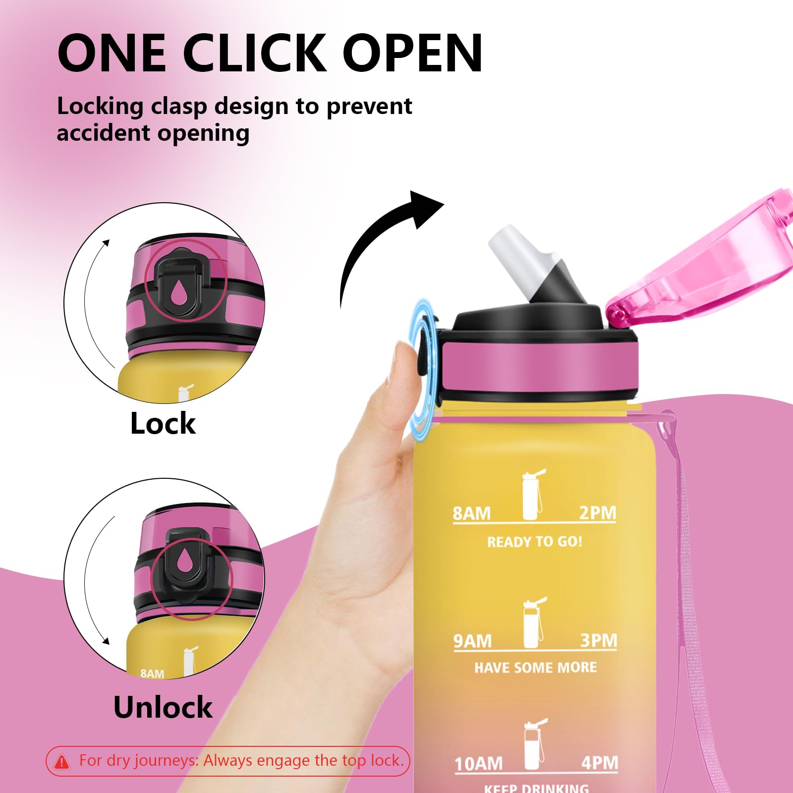 Botella Agua Gimnasio, A Prueba de Fugas Botella Agua 1 litro, Diseño de Cerradura, Cantimplora con Pajita, Cantimplora con Marcador de Tiempo para Colegio, Hogar, Exterior - 5