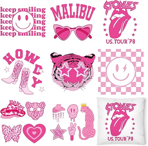 Miniatura 1 de Whaline 8 hojas de calcomanías de vinilo de transferencia de calor, color rosa intenso, parches de vinilo HTV para planchar, cara sonriente,