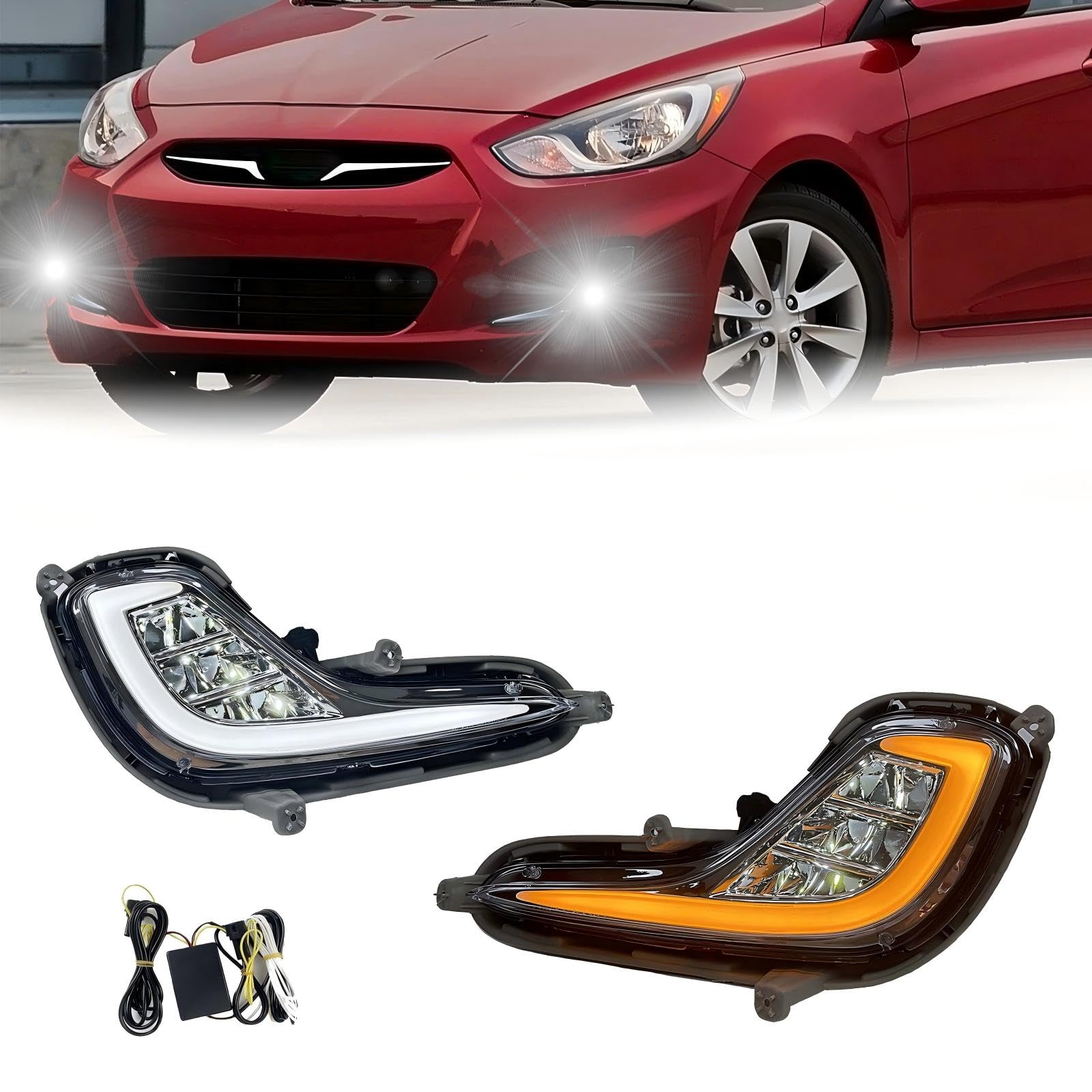 2012-2017 ヒュンダイ アクセント フォグライト DRL ウインカー付き スイッチとハーネス付き フルキット (LEDバージョン)