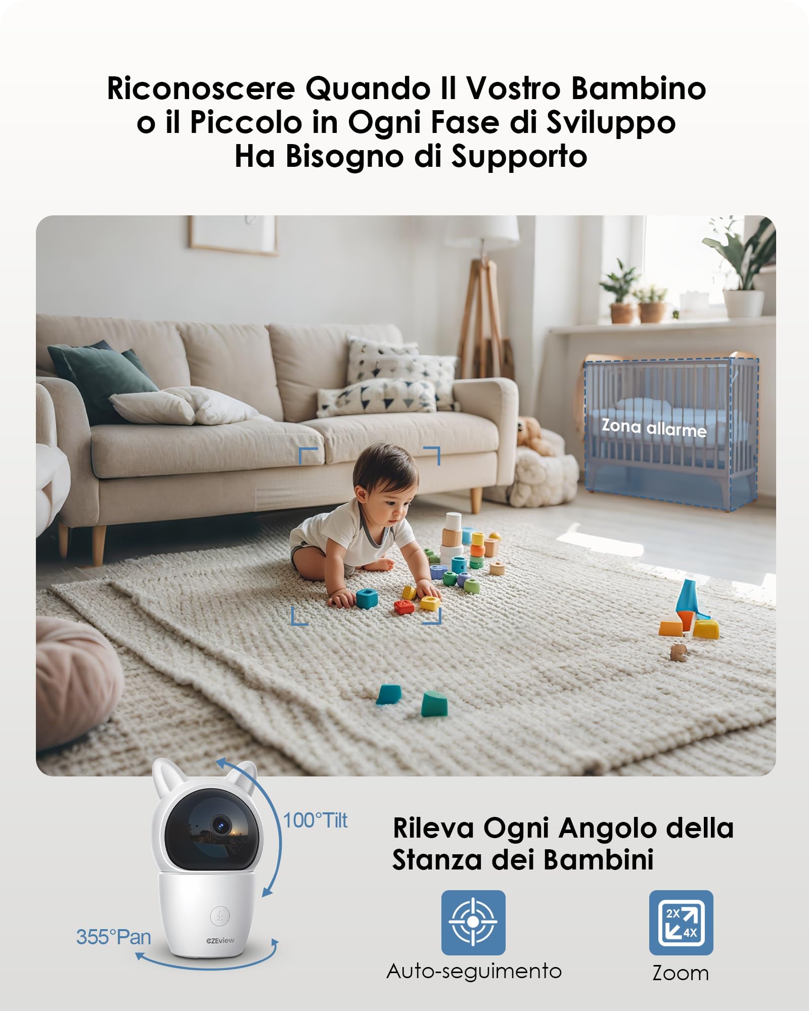 CZEview 2K/5,0" LCD Baby Monitor Video e Audio, Telecamera Bambini con Monitor, PTZ 360°, Controllo Tramite APP Mobile & Monitor, Rilevamento di Grida/Movimento (Bianco con 1 fotocamere)