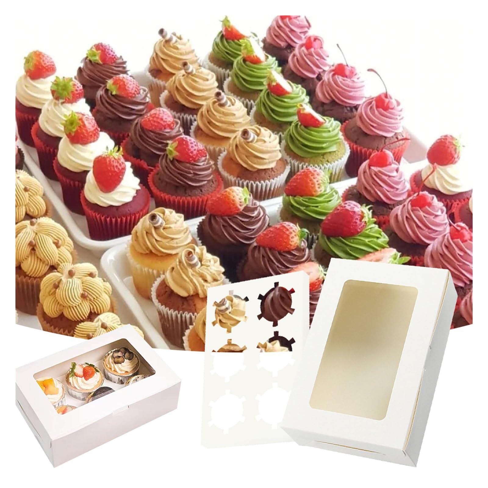 Cajas para Cupcakes 20 recipientes for Cupcakes con Ventana e Inserciones, 6 Cajas de Galletas, Cajas de golosinas for Galletas, Muffins, Cupcakes Caja De Pasteles(White)