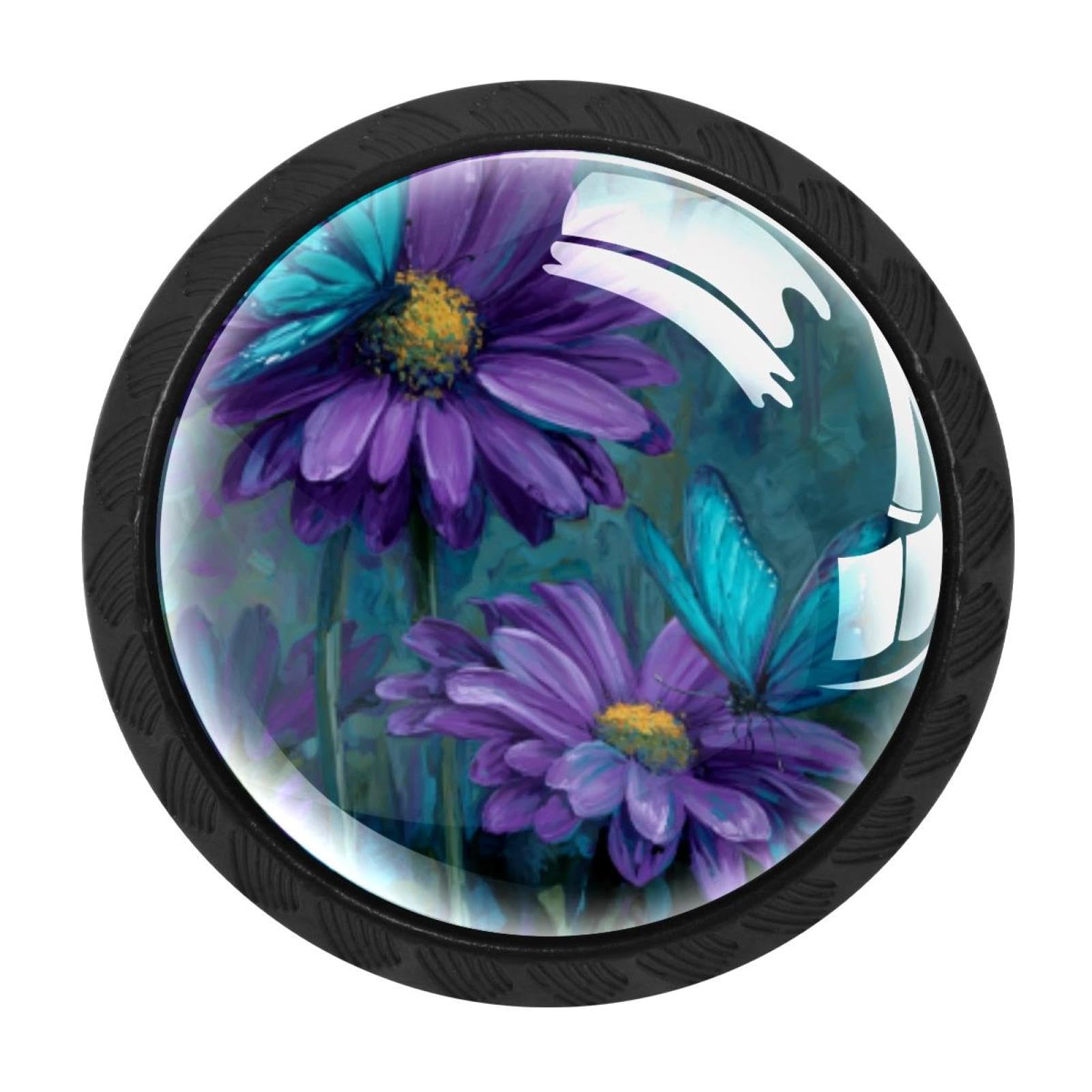 CHENZZZZ Teal Purple Daisy Flower Butterflies (3) Drawer Knobs Pull Handle Crystal Glass Circle Shape Cabinet Drawer Pulls Cupboard Knobs with Screws for Kitchen Cupboard Dresser Wardrobe etc