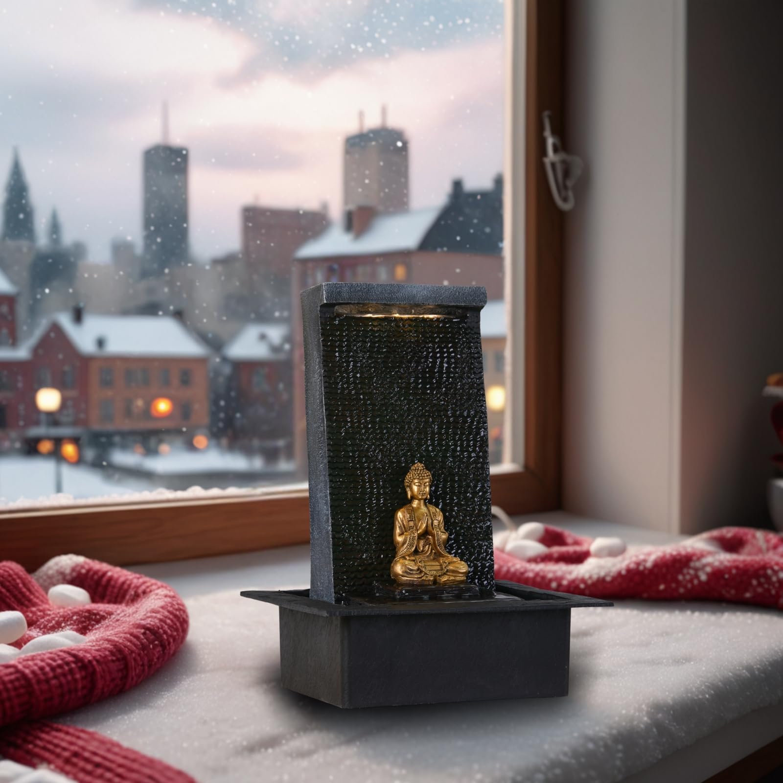 Mur d’Eau Zenitude - Fontaine d’intérieur avec Spot LED Jaune - Grande Fontaine de Table avec Statue Bouddha Amovible - Ambiance Zen pour salon, bureau, chambre - Cadeau Original - H: 40cm - Zen’Light
