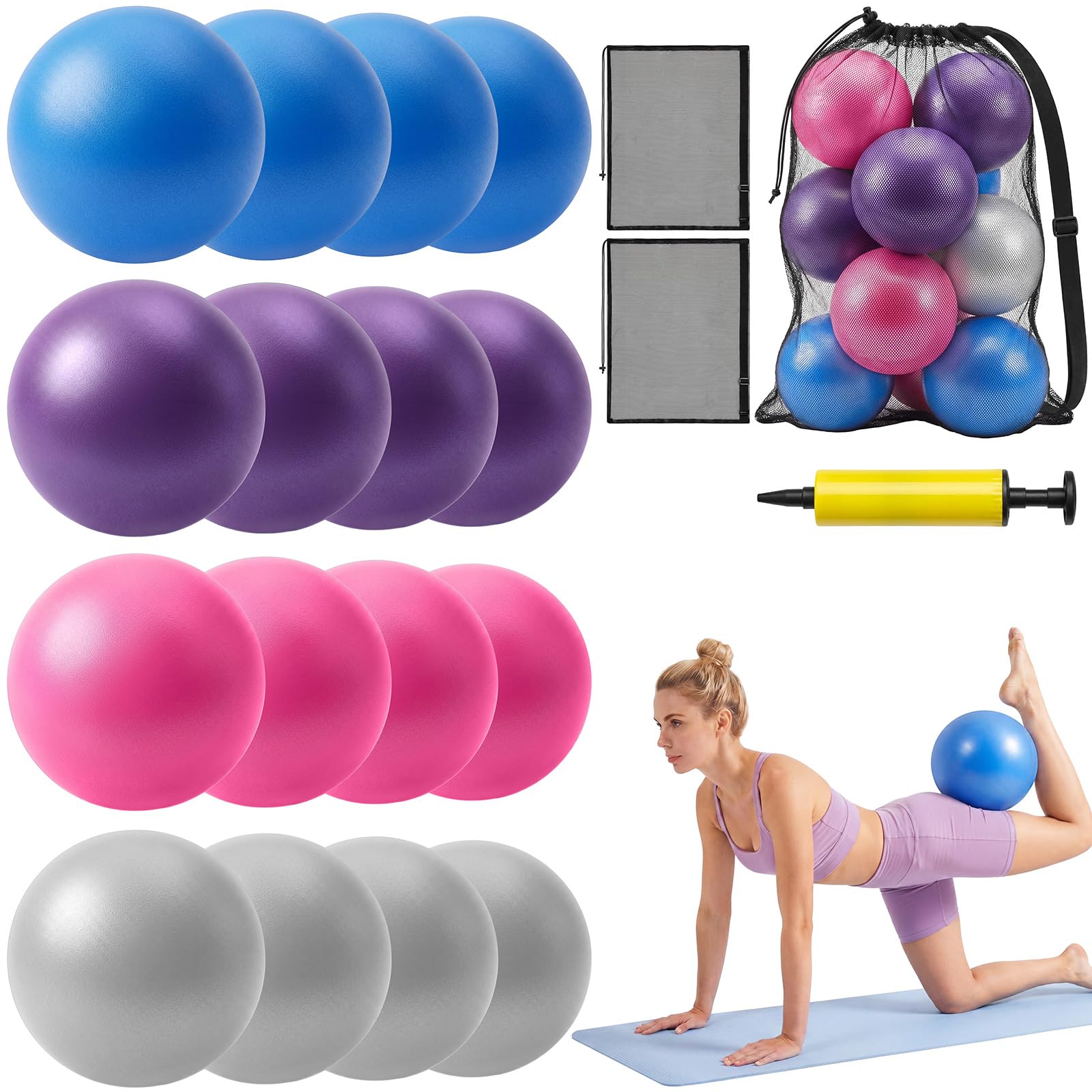 BBTO Juego de 16 Pelotas de Pilates 25 cm Tamaño Pequeño Antideslizantes, a Prueba de Explosiones con Red y Dispositivo de Inflado para Fitness Equilibrio y Fisioterapia (Azul, Morado, Rosa, Gris)