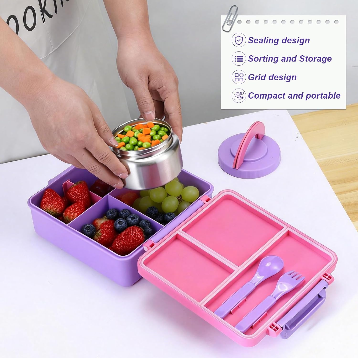 Bento Lunch Box with Insulated Stainless Steel Soup Jar, Leakproof 4-Compartment Meal Prep Container with Utensils, Reusable Portable Lunch Box for Travel Outdoor (CL0107-Purple)