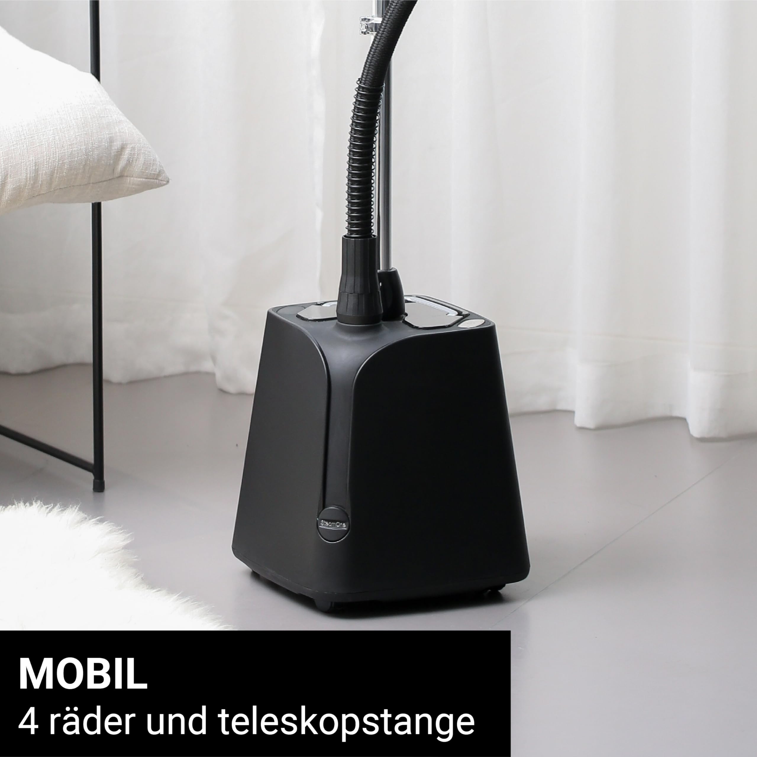 SteamOne Vertikaler Dampfglätter Steamer Schwarz 1800W - 1,8L | Vertikaler Steamer, 1800W, Tank 1,8L, Dreifacher Wärmeschutzschlauch, Sanfter Dauerdampf, 4 Antriebsräder, H18B