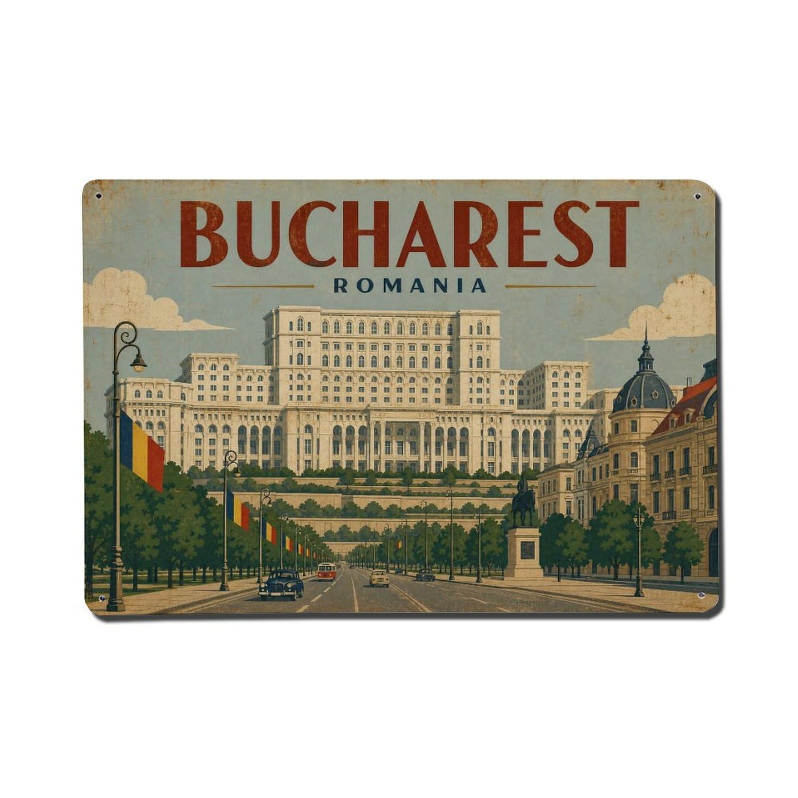 Vintage Travel Romania Bucharest Metal Tin Sign