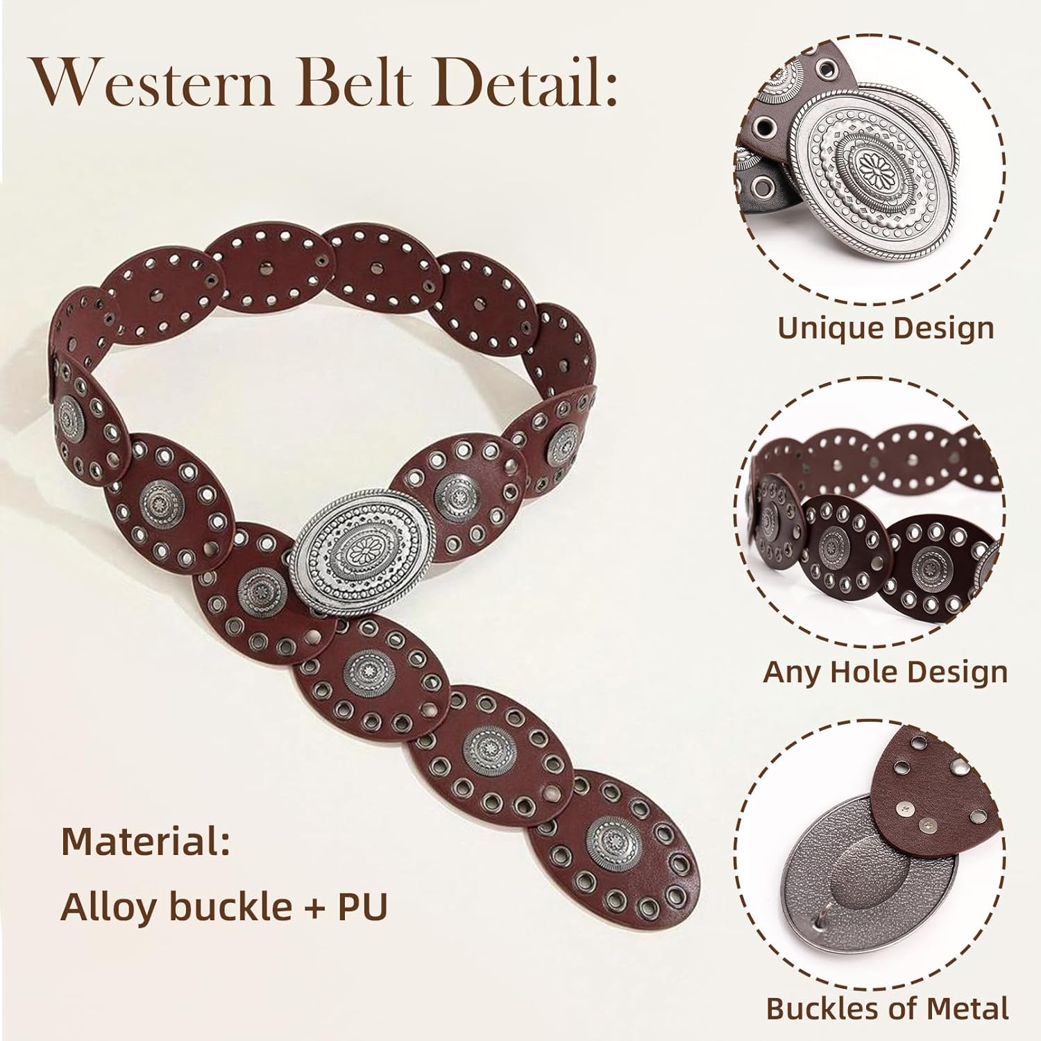 Disc Western Belt for Women–Stylish Chunky Cowgirl Belt with Metal Buckle,PU Leather,Perfect for Dresses & Jeans - Image 7