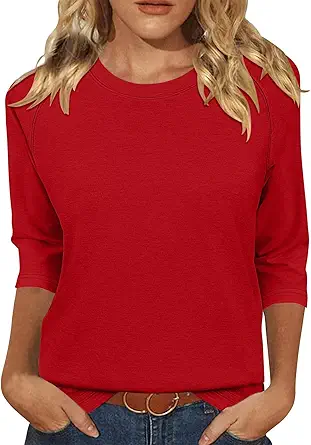 KISSMODA Tunic Tops for Women Loose Fit Dressy Round Neck Pleated 3/4 Length Sleeve Spring Tops
