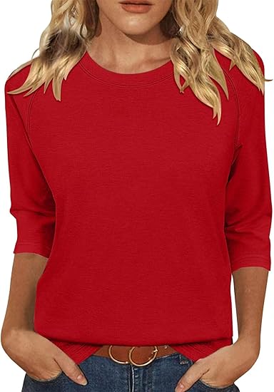 KISSMODA Tunic Tops for Women Loose Fit Dressy Round Neck Pleated 3/4 Length Sleeve Spring Tops