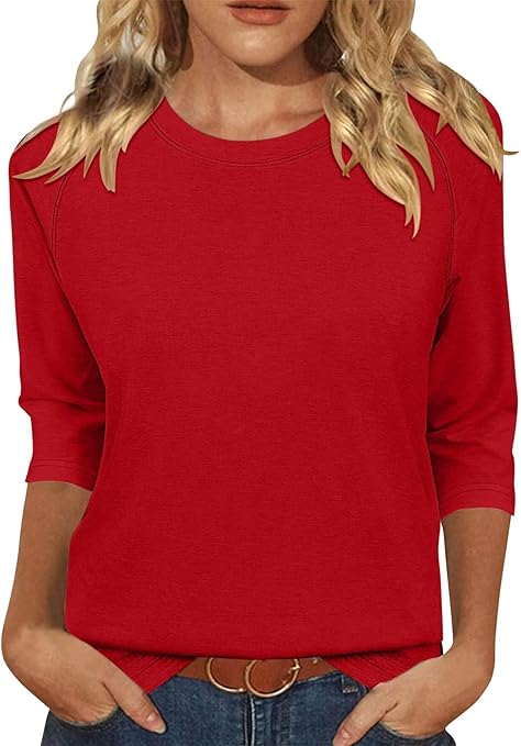 KISSMODA Tunic Tops for Women Loose Fit Dressy Round Neck Pleated 3/4 Length Sleeve Spring Tops