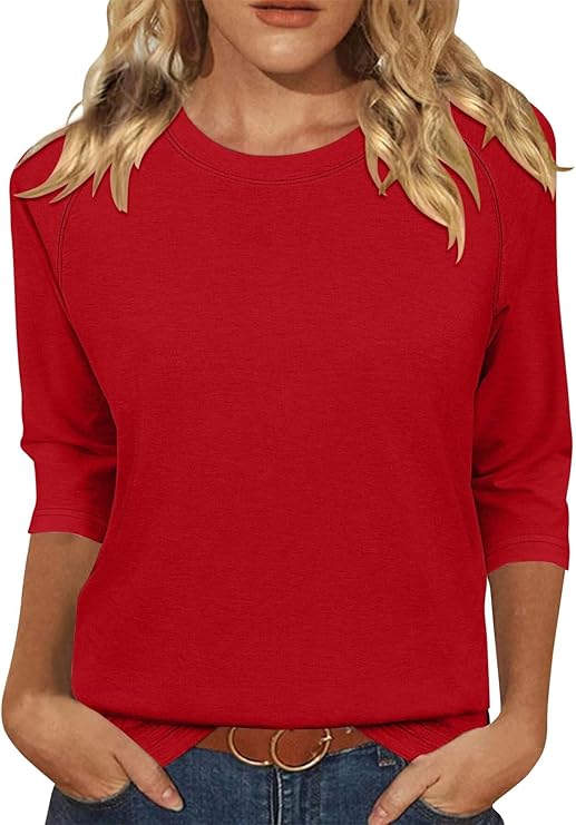 KISSMODA Tunic Tops for Women Loose Fit Dressy Round Neck Pleated 3/4 Length Sleeve Spring Tops