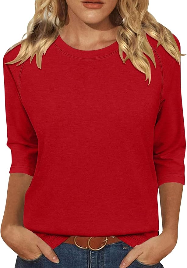KISSMODA Tunic Tops for Women Loose Fit Dressy Round Neck Pleated 3/4 Length Sleeve Spring Tops
