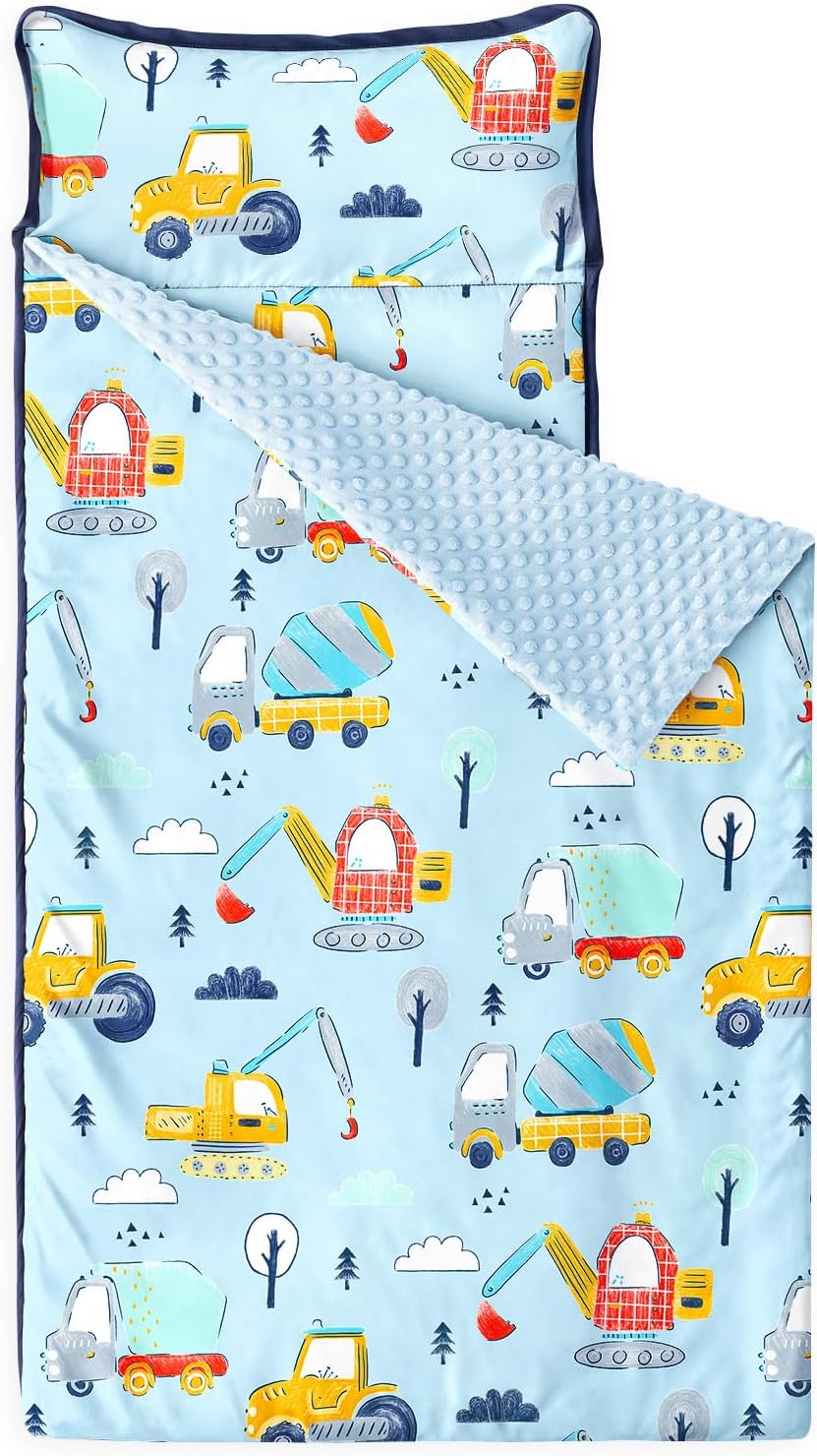 Wake In Cloud - Toddler Nap Mat with Pillow and Minky Fleece Blanket, for Kids Boys Ages 3 Plus in Daycare Preschool, Roll Up Sleeping Bag, Excavator Construction Car