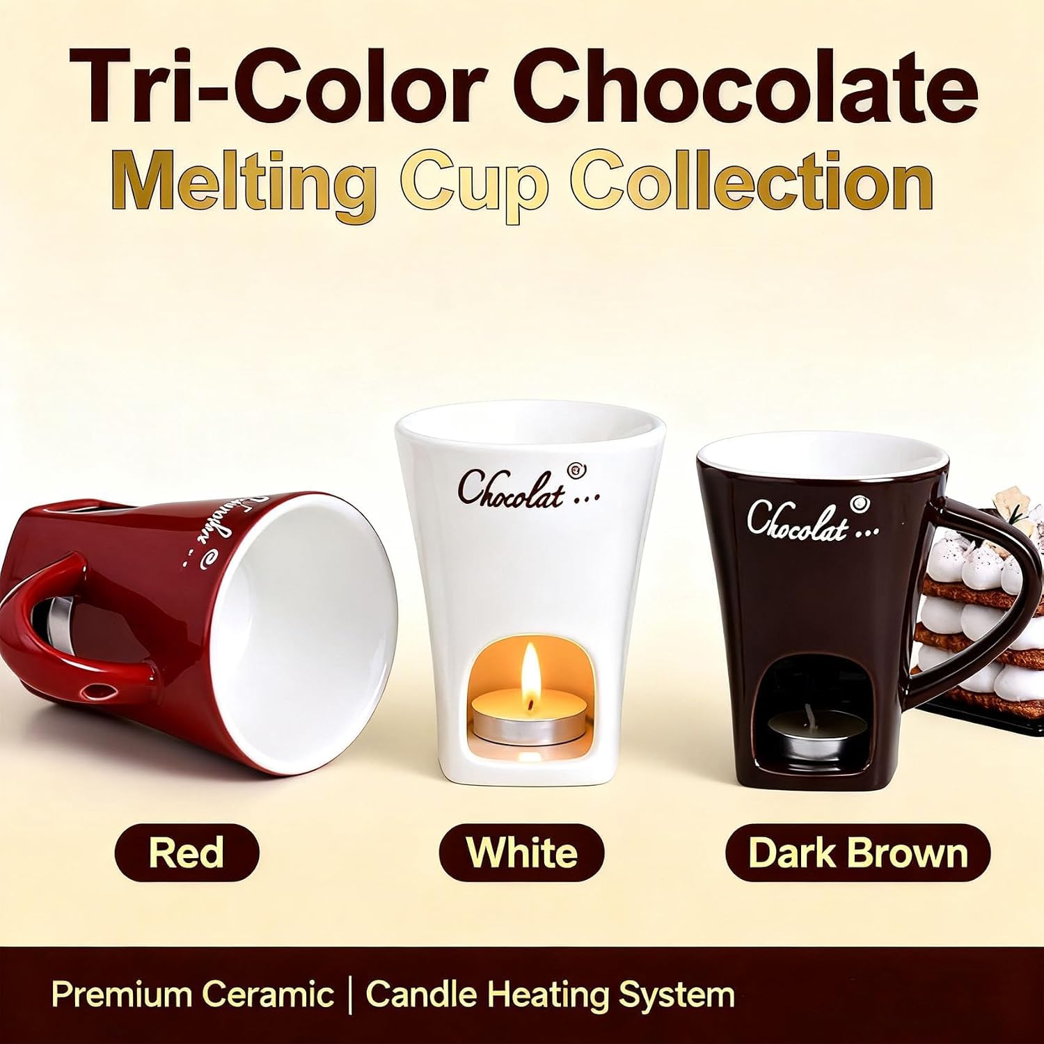 Multi-Functional Ceramic Fondue Mug, Chocolate Melting Mug with Candle, Mini Fondue Cup with 10pcs Candles, Perfect Romantic Gift for Couples, Birthday or Valentine (White,Style C)