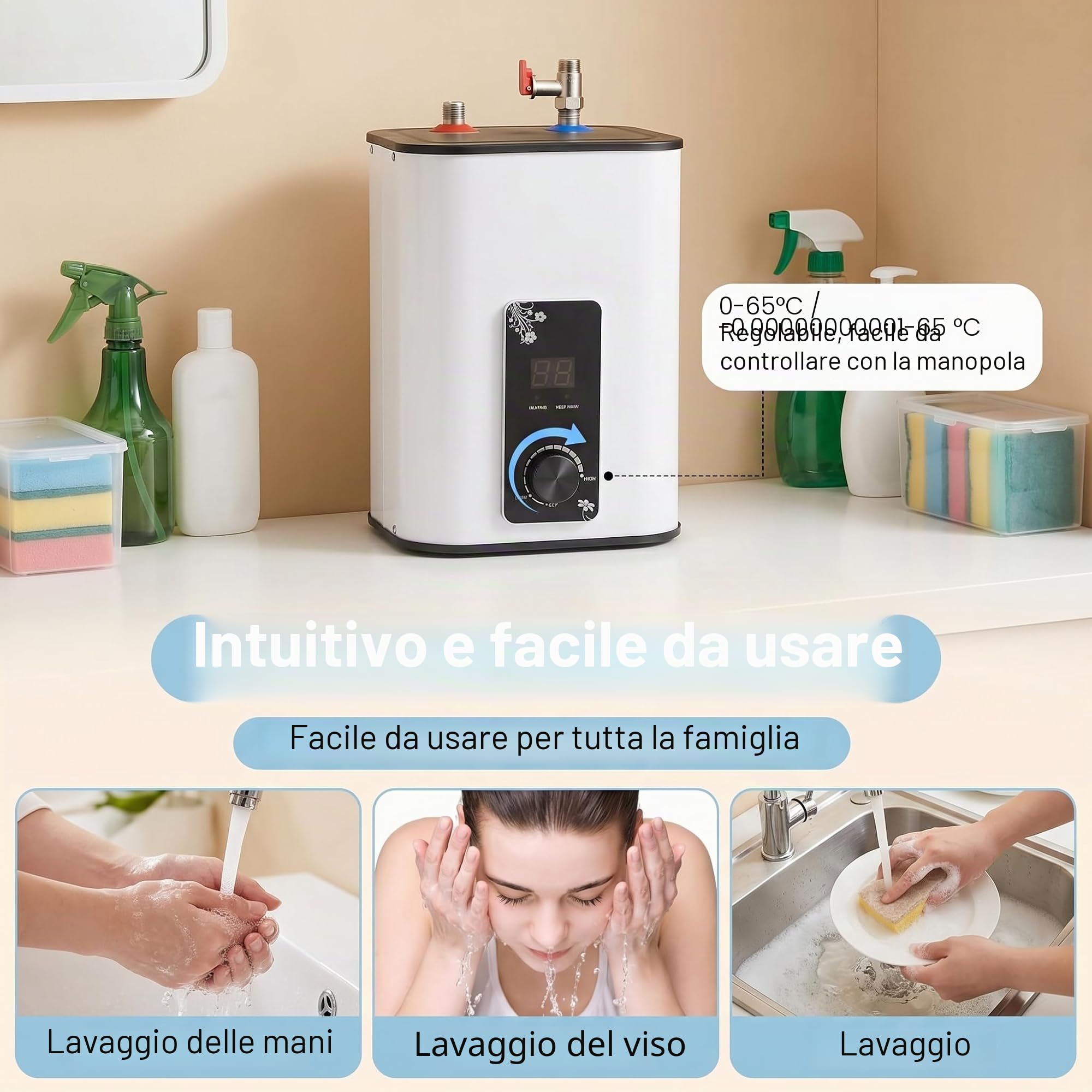 Scaldabagno sottolavello - 8 l - Serbatoio di acqua calda resistente alla pressione - 1500 W - Con display LED - Temperatura regolabile da 0 a 65 °C - Per lavabo, cucina e bagno - Bianco - 220-240 V
