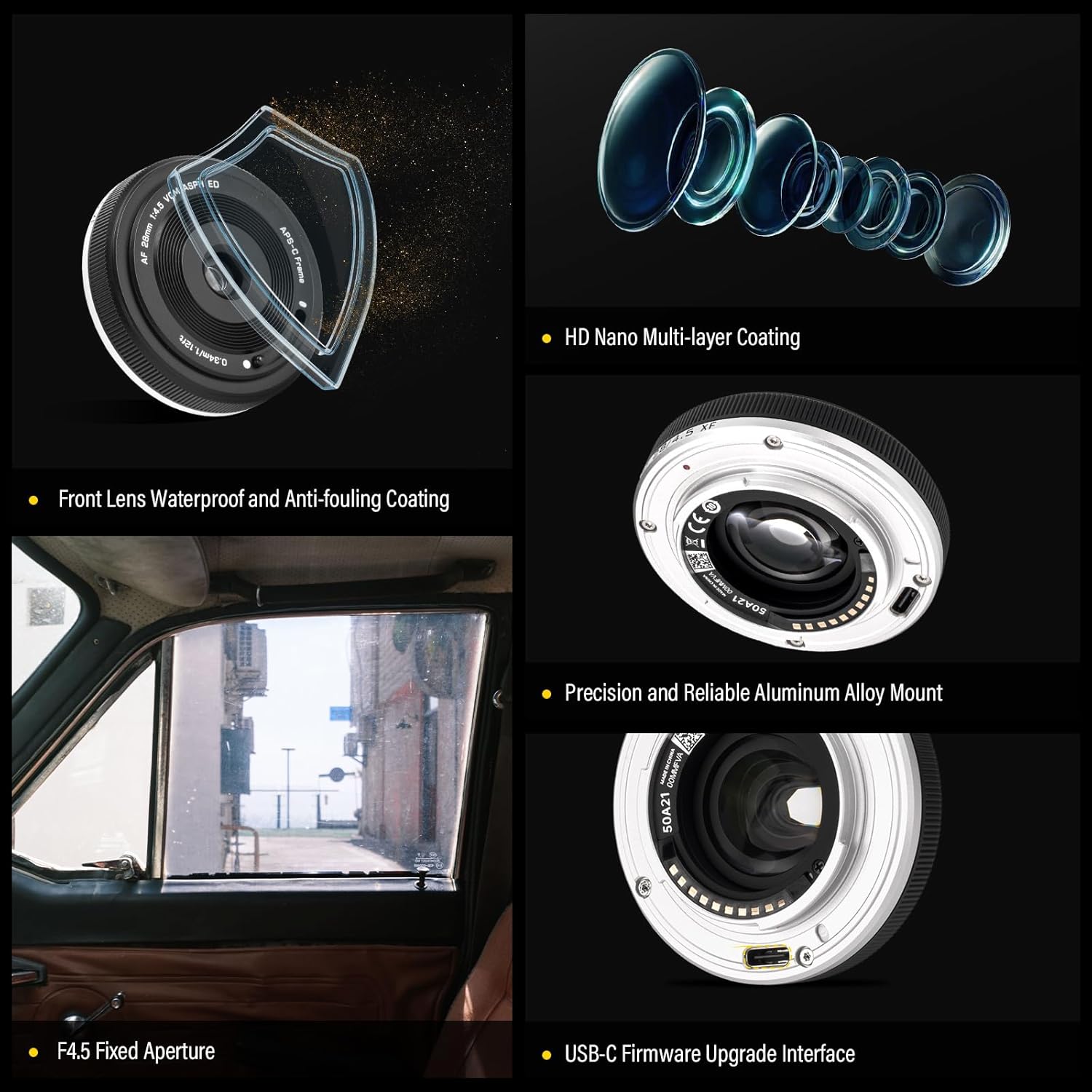 VILTROX 28mm F4.5 لينس جون خاصيتون جن ۾ ڪوٽنگ، ماؤنٽ، ۽ USB پورٽ شامل آهن