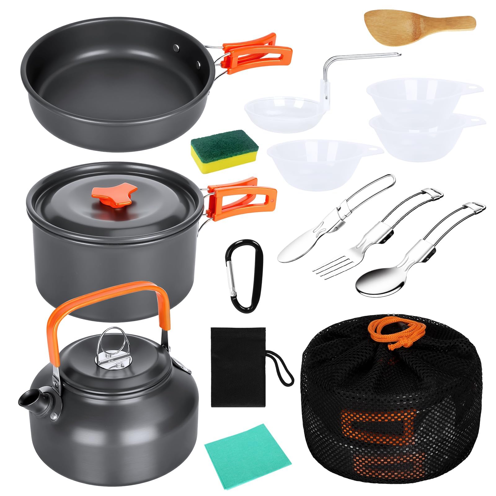 USHOP 15 Pcs Kit de Utensilios Cocina Camping,Vajilla de Camping de Aluminio,Cocina Portátil Juego de Utensilios de Cocina para Pícnic Al Aire Libre Senderismo Acampada Viajes Montañismo, 2-3 Personen