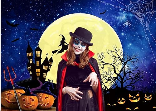 Miniatura 2 de CHAIYA Telón de fondo de Halloween de 8 x 6 pies Jack O'Lantern calabaza linterna naranja noche luna murciélago araña telaraña cementerio fotografía