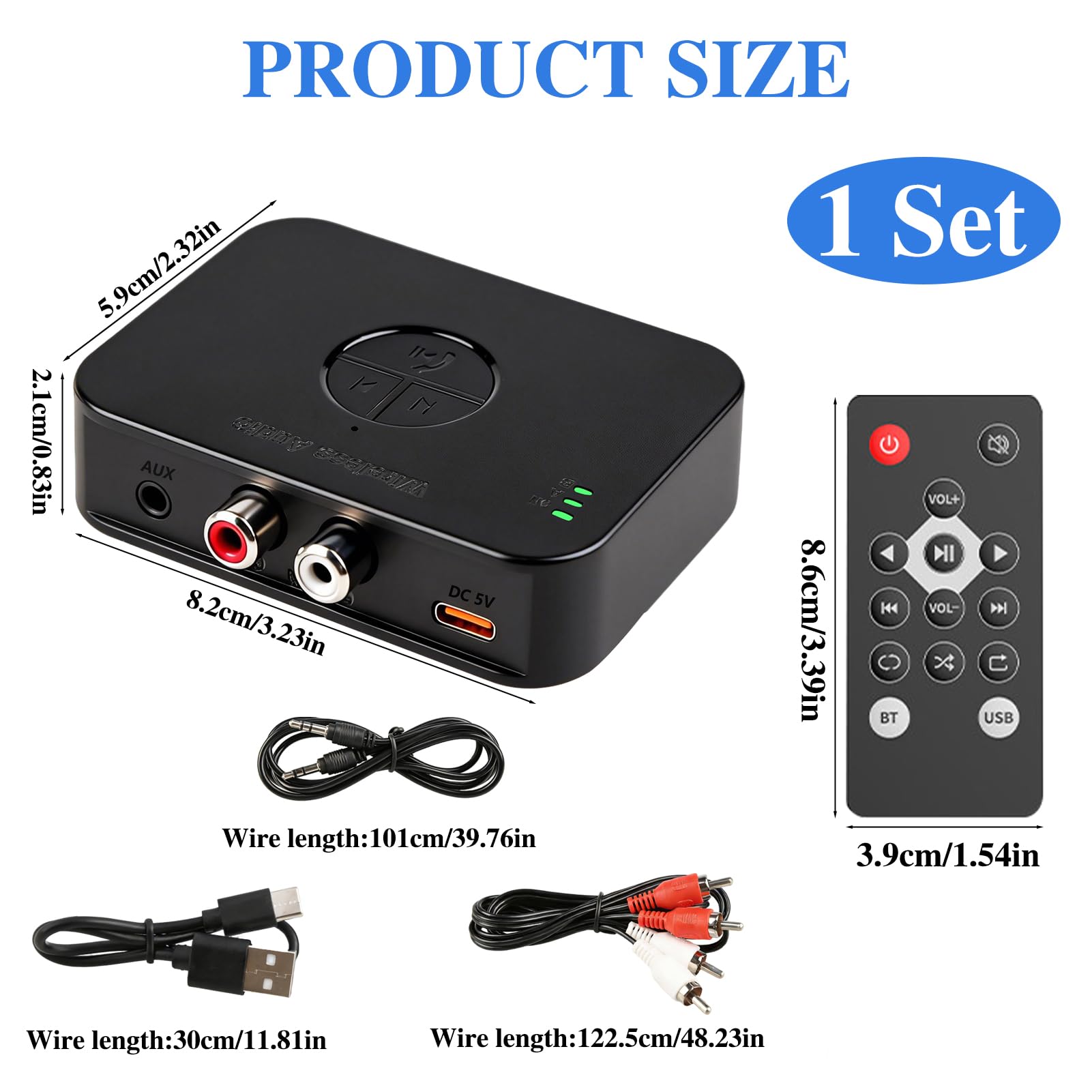 Adattatore Bluetooth 6.0 stereo, doppia connessione 3,5 mm AUX & RCA output, ricevitore Bluetooth per altoparlanti, amplificatore e autoradio, ricevitore audio HiFi Bluetooth con telecomando e 3D