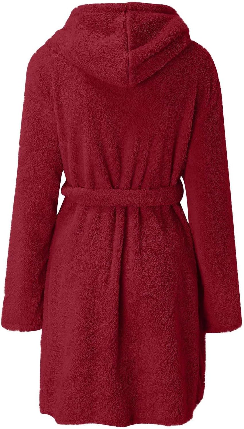 Fleece Hooded Robe for Women Soft Warm Mid-Length Bathrobe Plush Loungewear Belted Kimono Bathrobes with Pockets