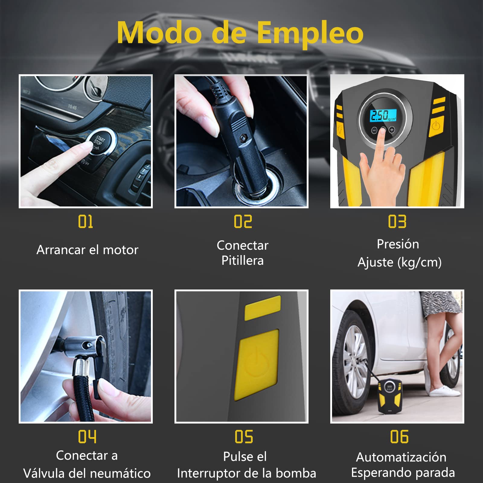 Inflador Ruedas Coche, Compresor Aire Portatil de Neumáticos de Coche con 3 Adaptadores de Boquilla y Luces LED Digitales, de Aire para Neumáticos de Coche y Otros Inflables