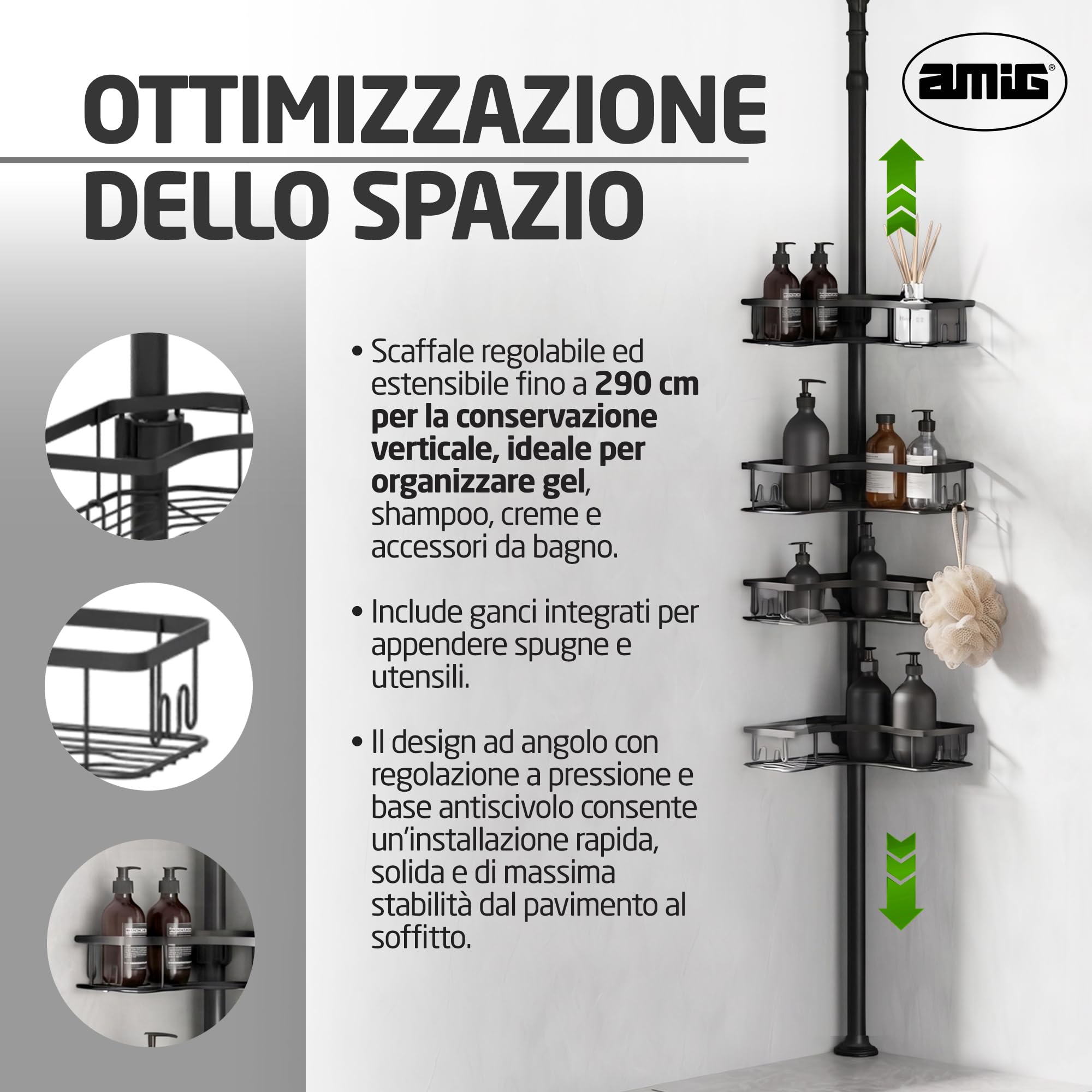 Amig - Mensola Doccia Telescopica - Regolabile fino a 290 cm - Colore Nero