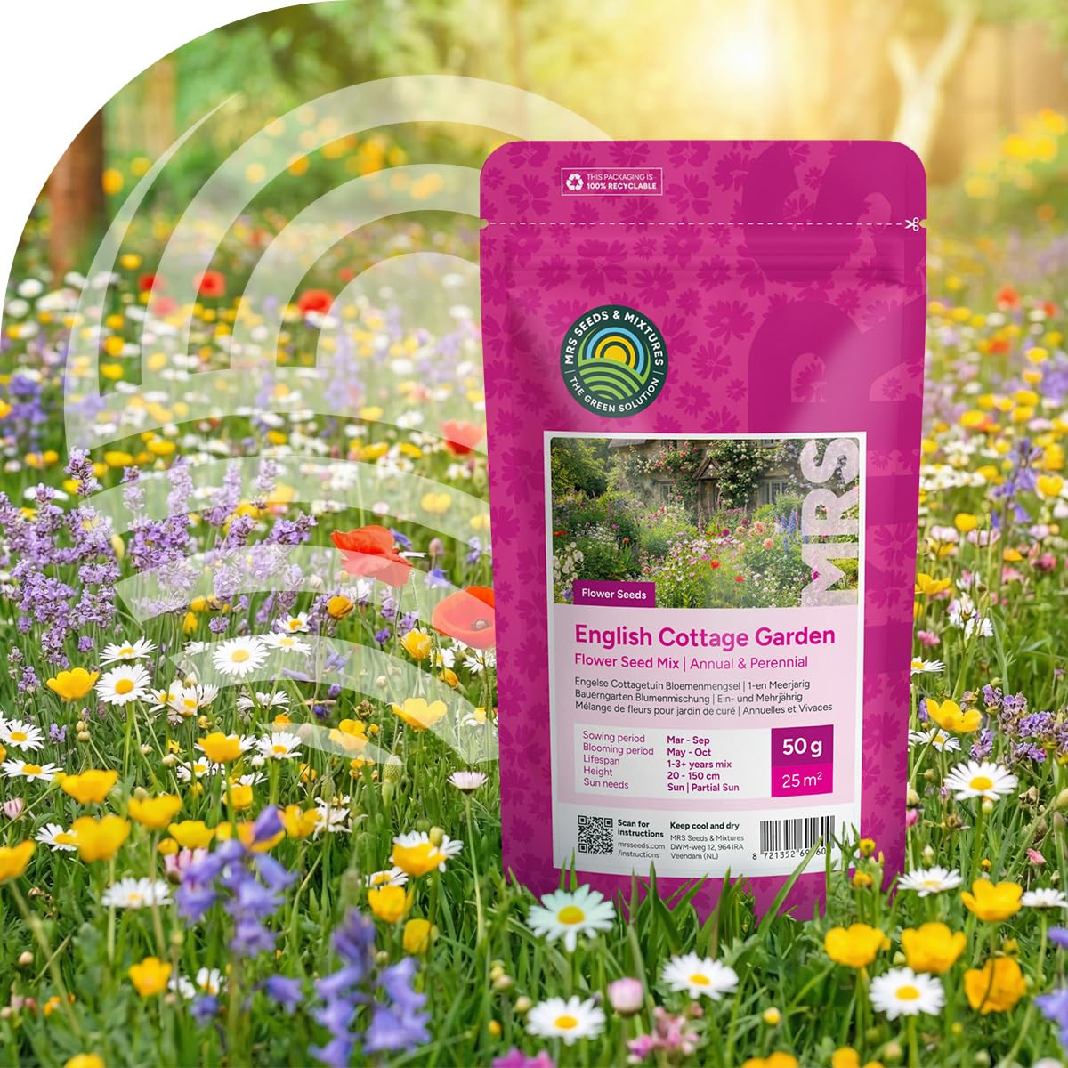 Englischer Cottage-Garten Blumenmischung | 250 g - 125 m2 | Blumenwiese samen einjährig und mehrjährig | 40 Wildblumenarten | Wuchshöhe: 15 bis 150 cm | Wildblumen-Samen für Bienen und Hummeln