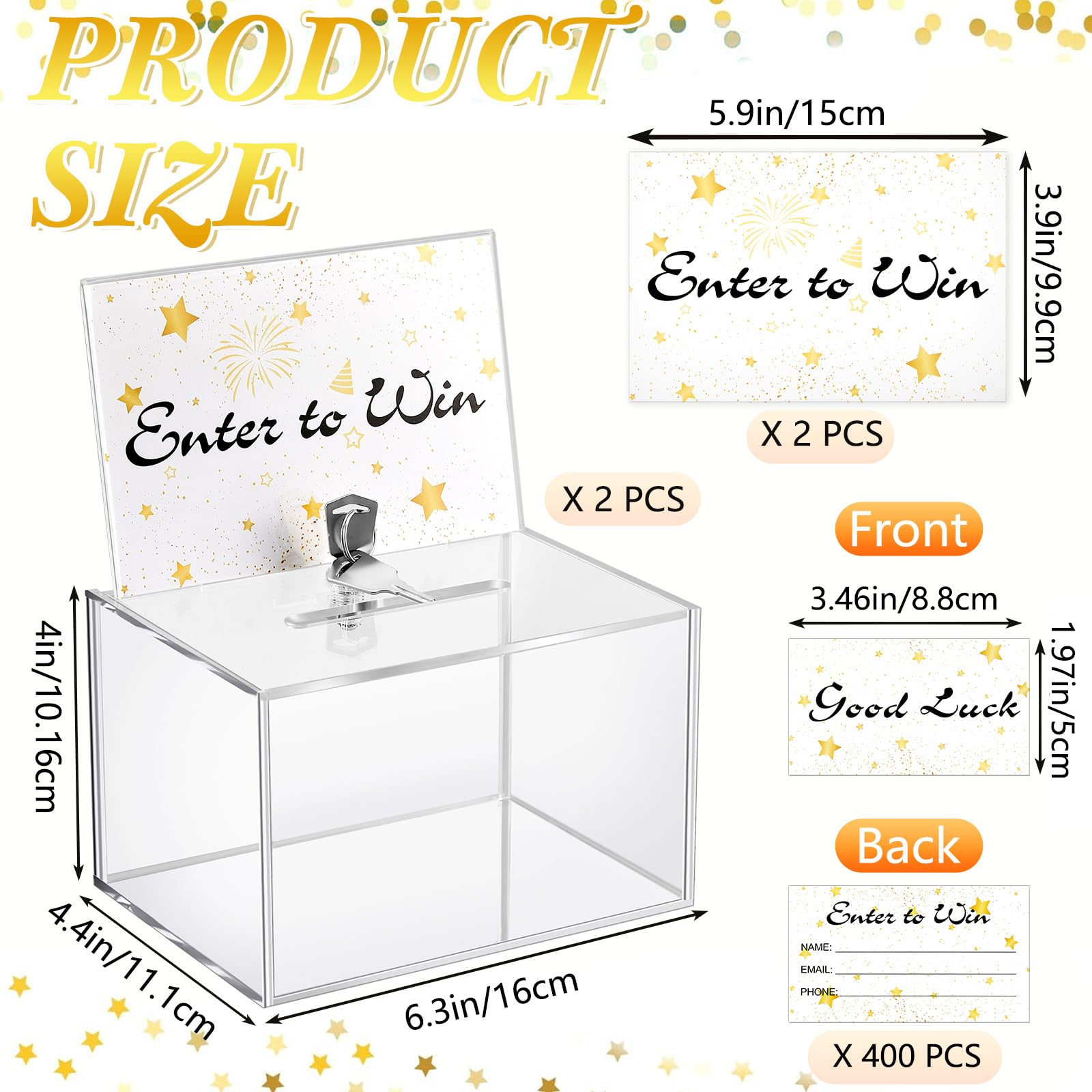 Beeveer 2 cajas de rifa acrílicas con cerradura, 400 unidades, tarjetas de rifa, caja de boletos de rifa con soporte para letreros, caja de sugerencia con ranura, caja de donación transparente, caja
