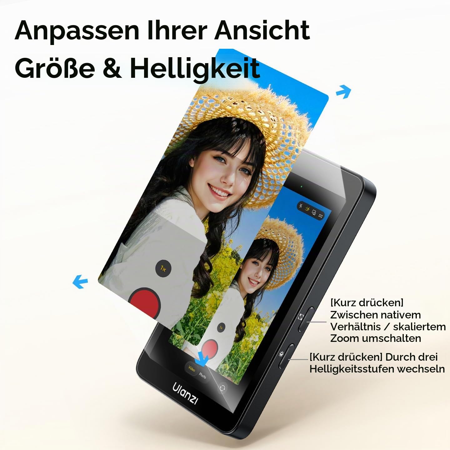ULANZI VM1 Magnetischer Handy Selfie Monitor 3,97" IPS, 4K 60FPS Vlog Bildschirm, Magsafe Plug & Play, 3-Helligkeitsstufen, USB-C 60W für iPhone 17-15 Android Rückkamera, Live Streaming TikTok YouTube
