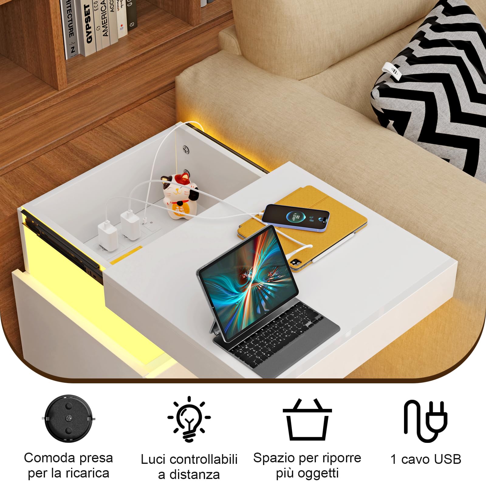 Comodino Camera da Letto con LED, Con Stazione di Ricarica, 2 Cassetti e Armadietti Scorrevoli Nascosti, Comodino Moderno, Per Arredamento Camera da Letto. (Bianco, 45x40x52cm)
