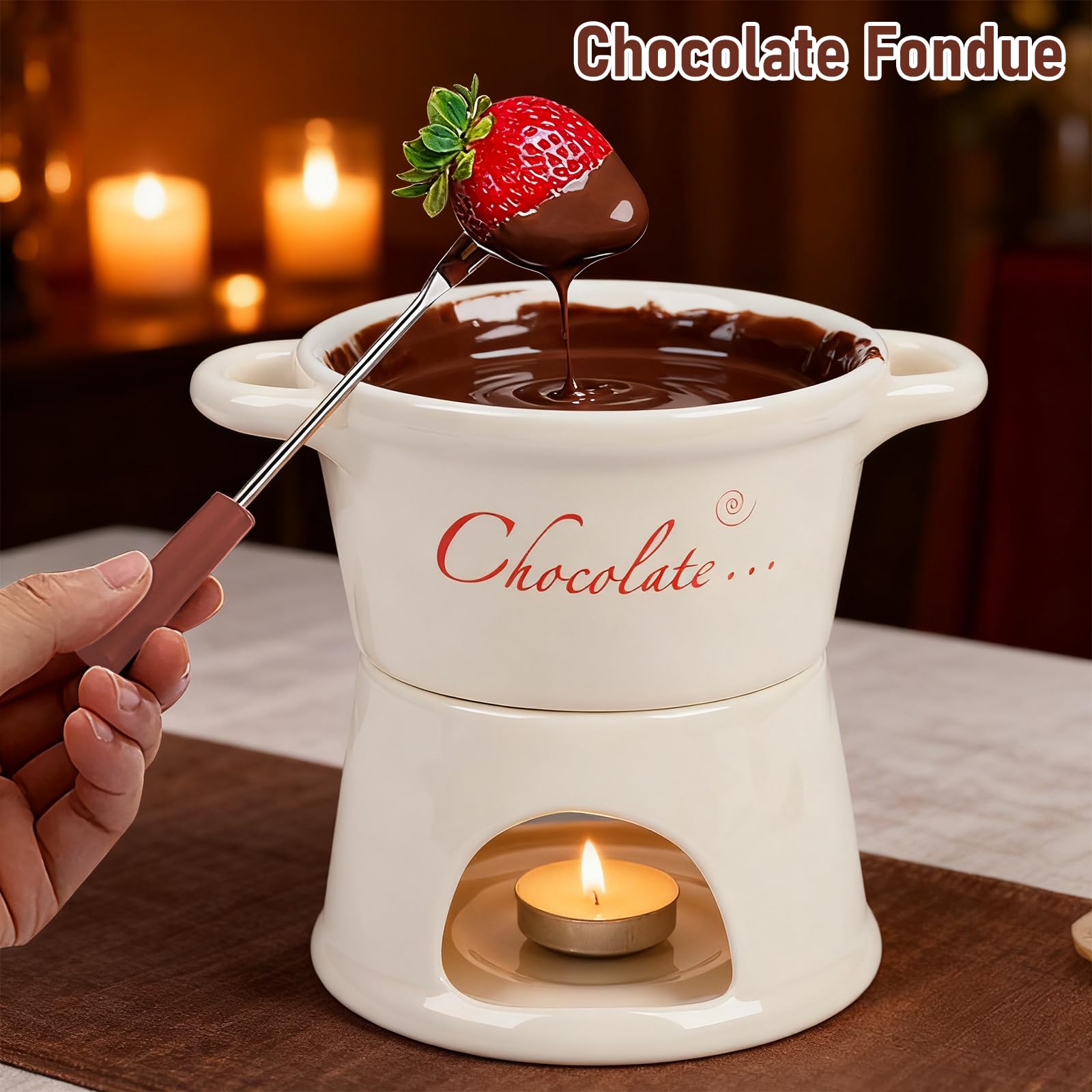 BigKing Tygiel do czekolady i sera, 300 ml, ceramiczny zestaw czekoladowego fondue z 4 widelcami i 4 świeczkami, wyjmowany, mini kubek do fondue do domu, restauracji i kawy
