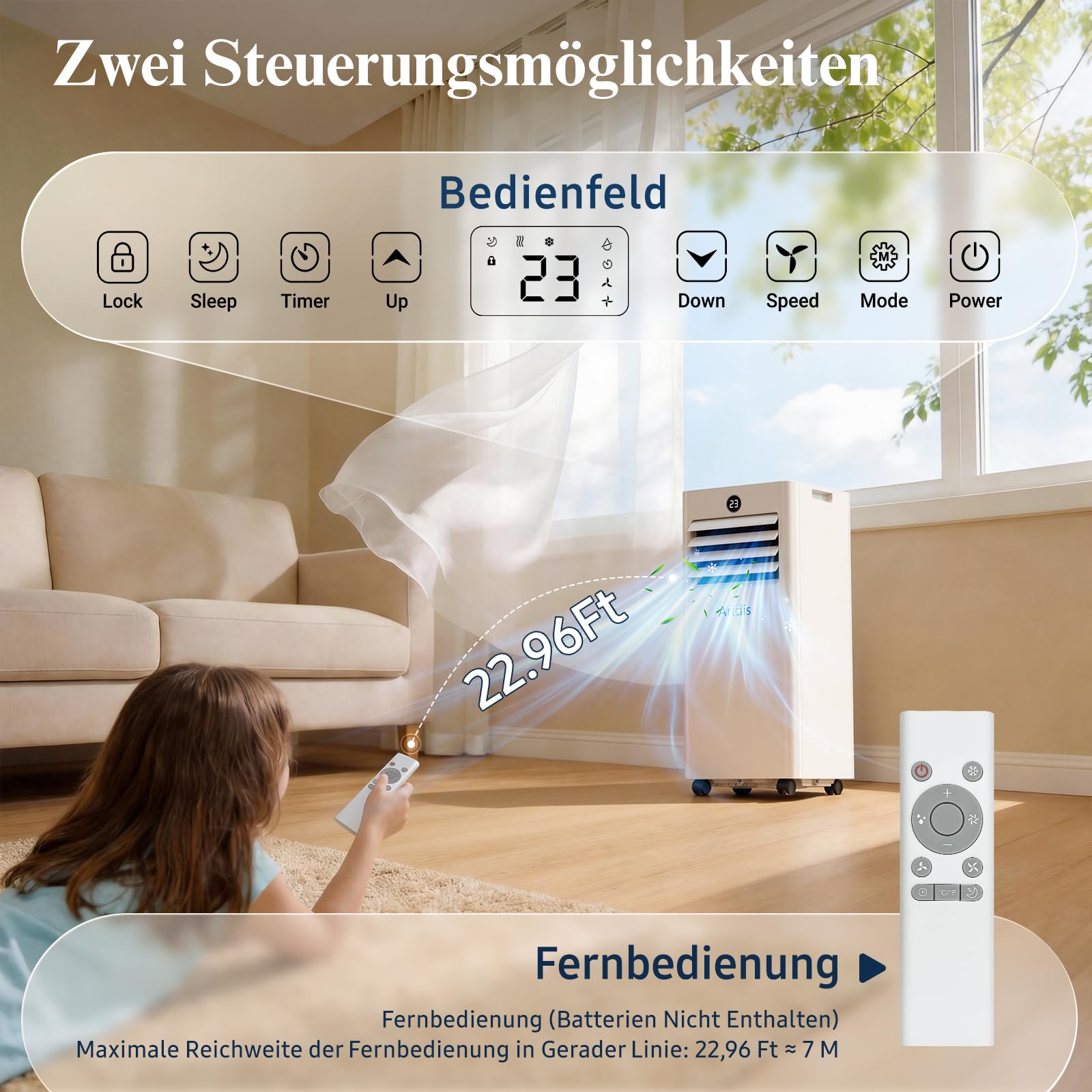 Mobile Klimaanlage 9000 BTU 4-in-1 mit LED Display & Fernbedienung, Fenstermontagesatz, Abluftschlauch, bis 88m³ (33㎡)