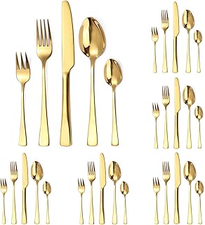Sponsored You’re seeing this ad based on the product’s relevance to your search query.Learn more about this advertisement Targzier Golden Cutlery Set for 6 People, 30-Piece Cutlery Set Shiny Golden Stainless Steel with Knives, Forks and Spoons, Highly Polished and Dishwasher Safe, Recommended by Friends