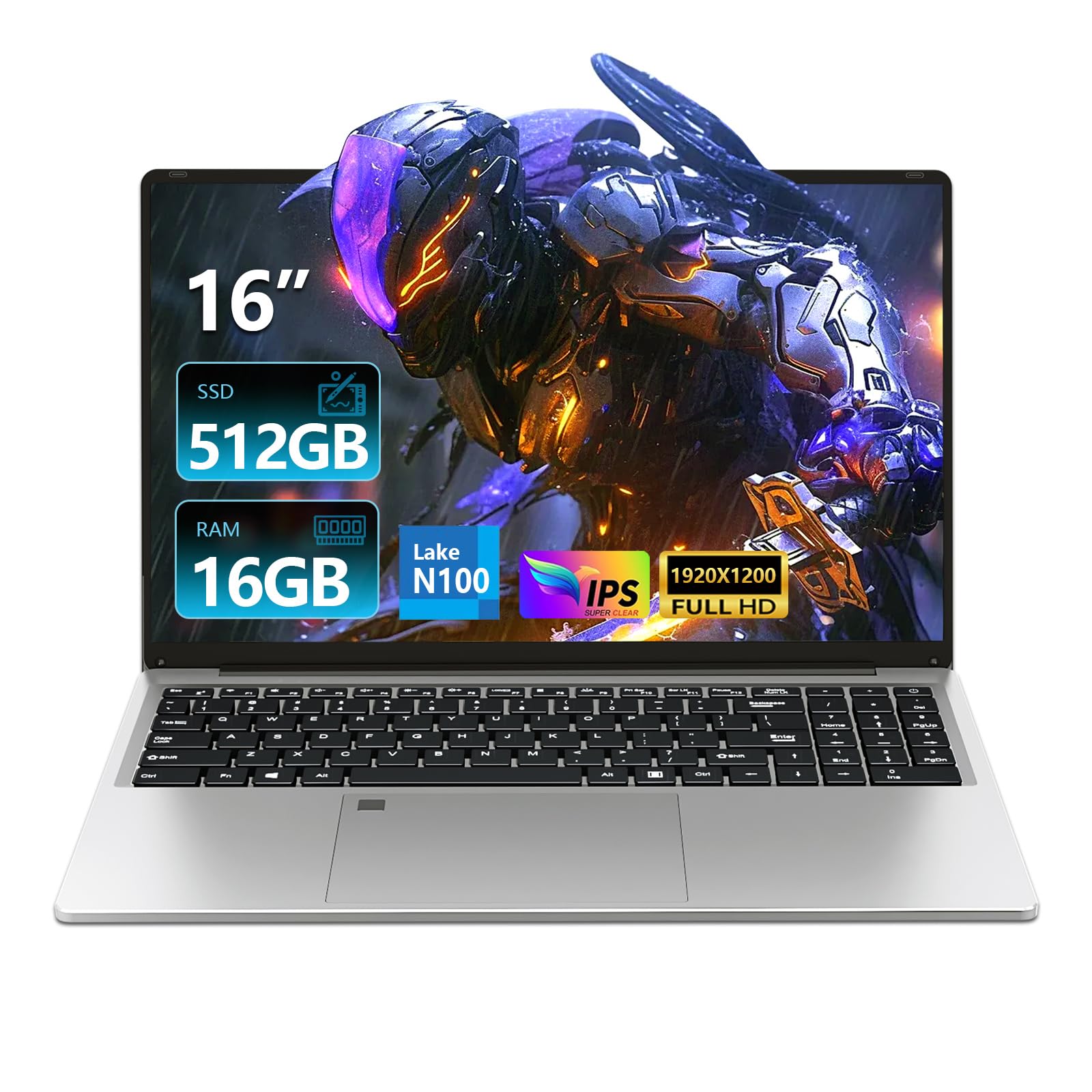 Notebook 16 Pollici, Win 11 PC Portatile 16GB RAM 512GB SSD, Celeron N100 CPU, Laptop 1080P Schermo, Tastiera Retroilluminata+Sblocco Impronta Digitale, 6000mAh Battery, BT5.0/BT 5.0/Webcam/Mini-HDMI