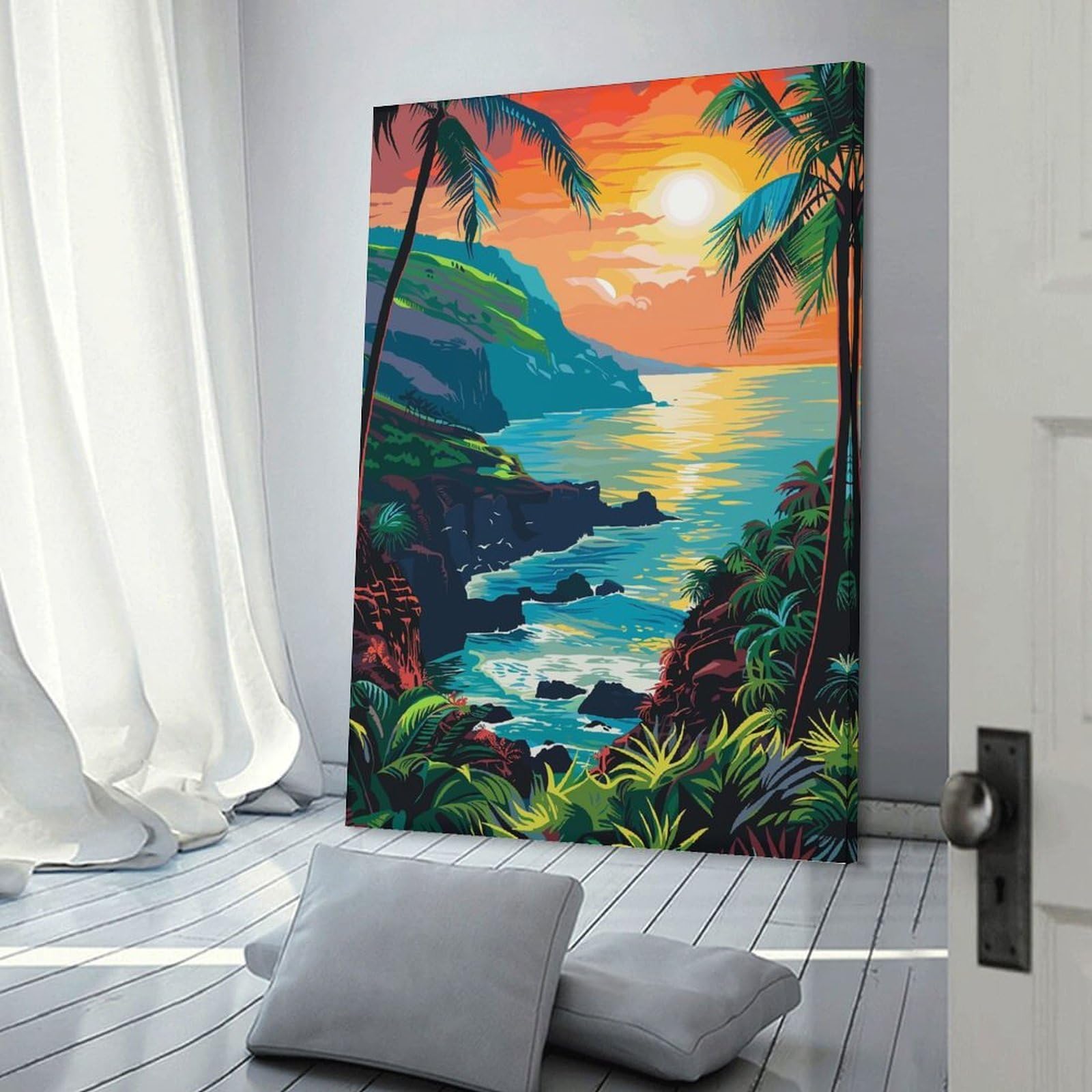 Junmoney Canvas Wall Art Tropical Island Sunset, 24x36inch(60x90cm), for Corridors, Hallways Or Apartment Entries, Decorative Canvas Styling for Entry Areas