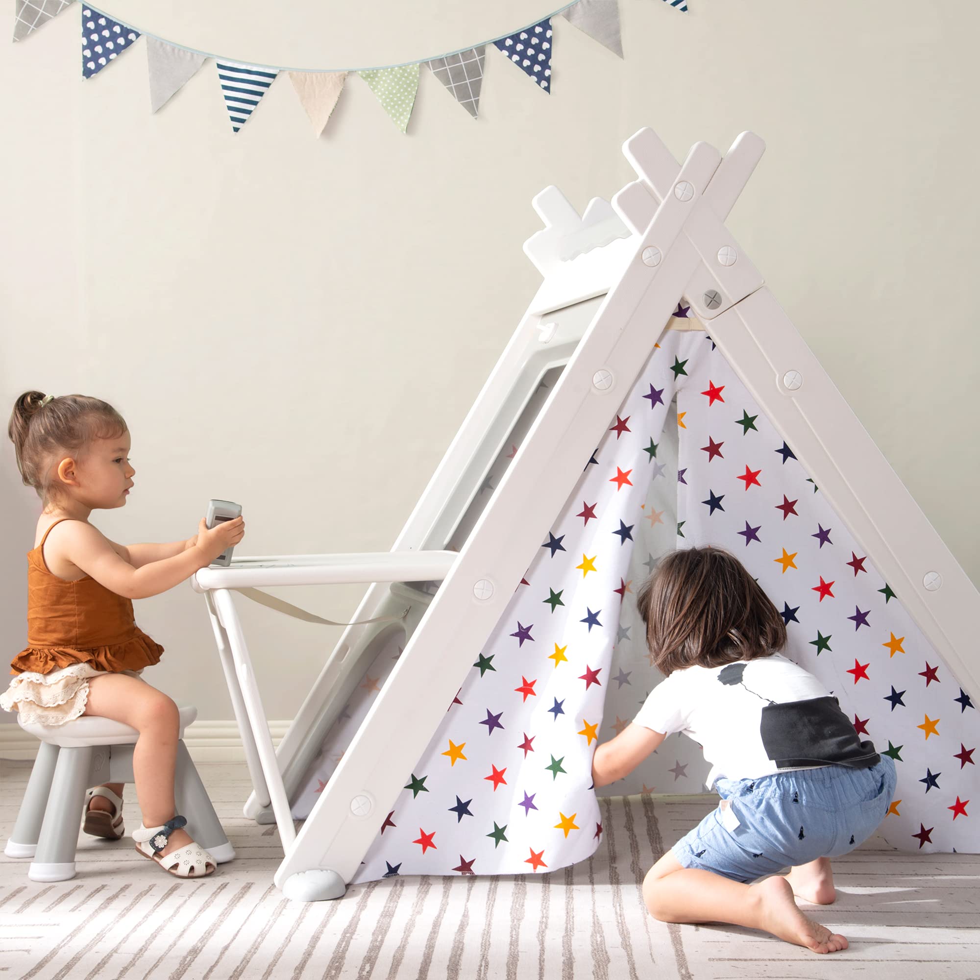 Kids Tent for Boys & Girls - 4 in 1 Teepee Tent with Stool, Climber, Board, Foldable Playhouse Tent Educate Toy (Gray)