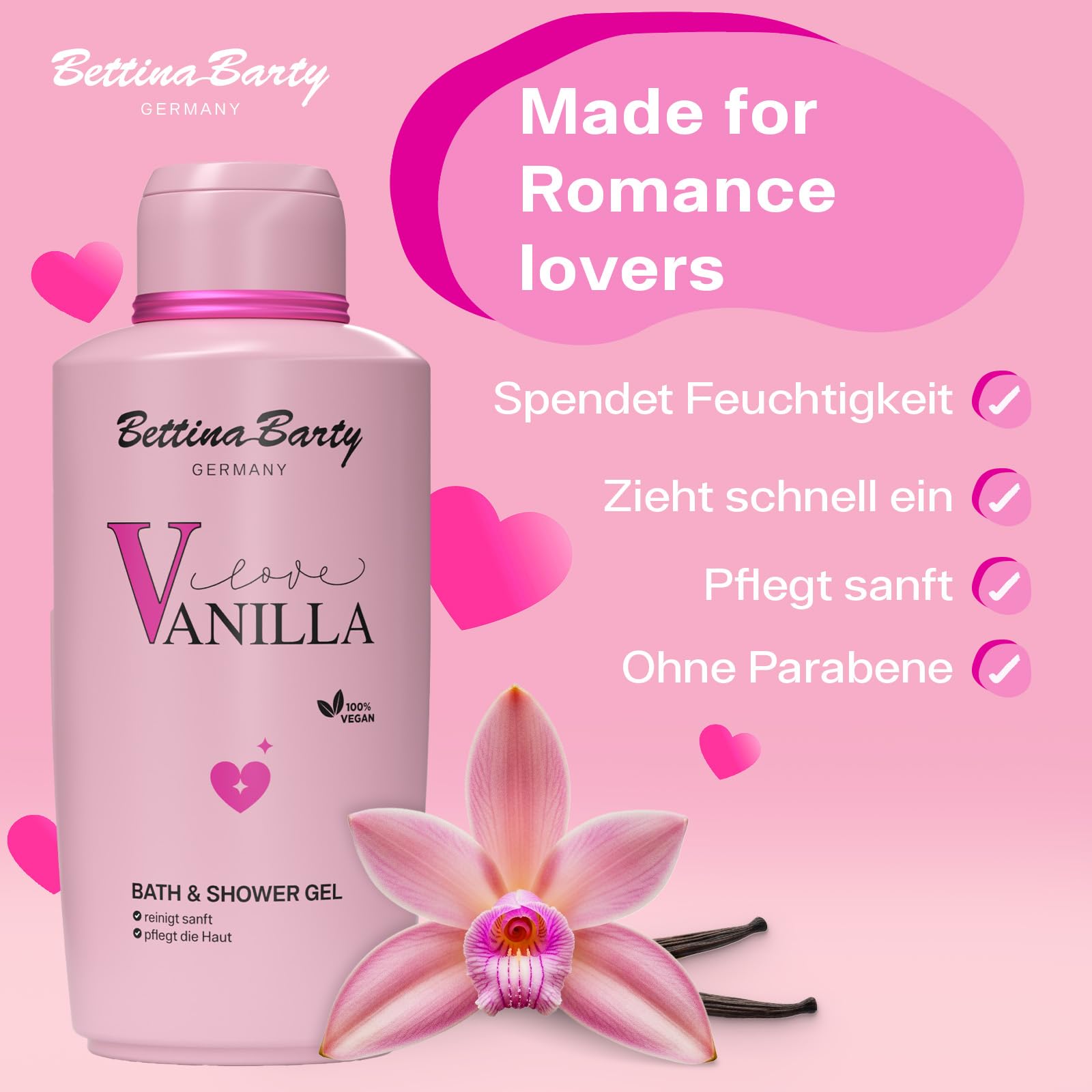 Bettina Barty Love Vanilla Bath & Shower Gel 12 x 500 ml – Duschgel mit süß-warmem Vanilleduft – Feuchtigkeitsspendende Pflege für alle Hauttypen