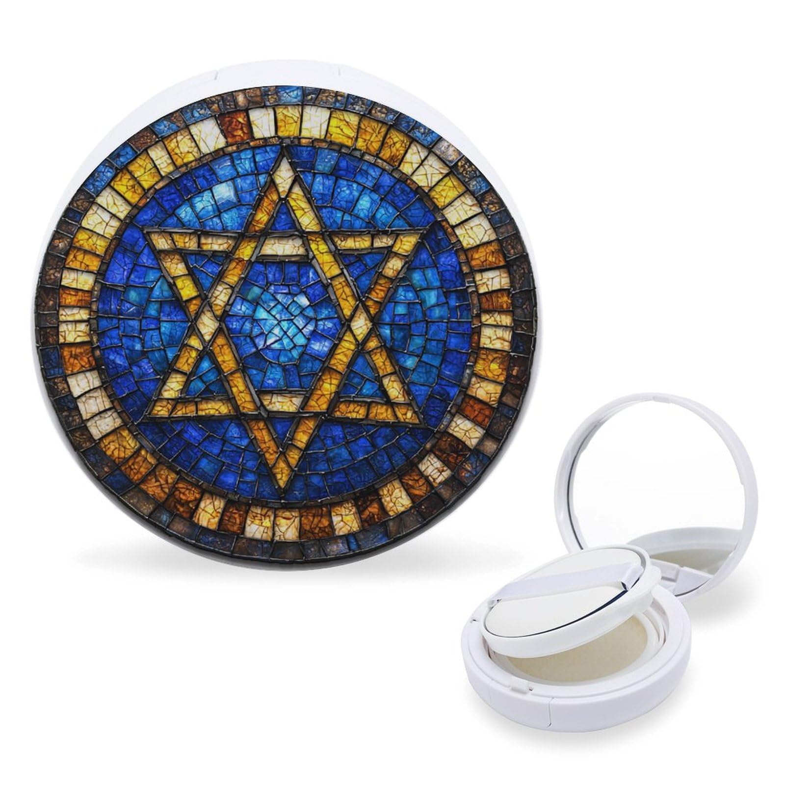 Hayyett Israel Flag Blue Stained Glass Air Cushion Puff Box Portable Cosmetic Makeup Case Container,Loose Powder Foundation Container