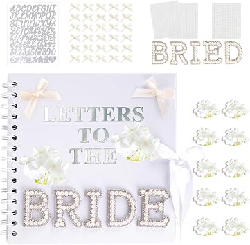 Letters To The Bride Scrapbook Wedding Photo Album 8 x 8 Inch DIY Wedding Memory Blank Pages Scrapbook with Pearl Stickers,Bows,Flowers,Bride to Be Gift